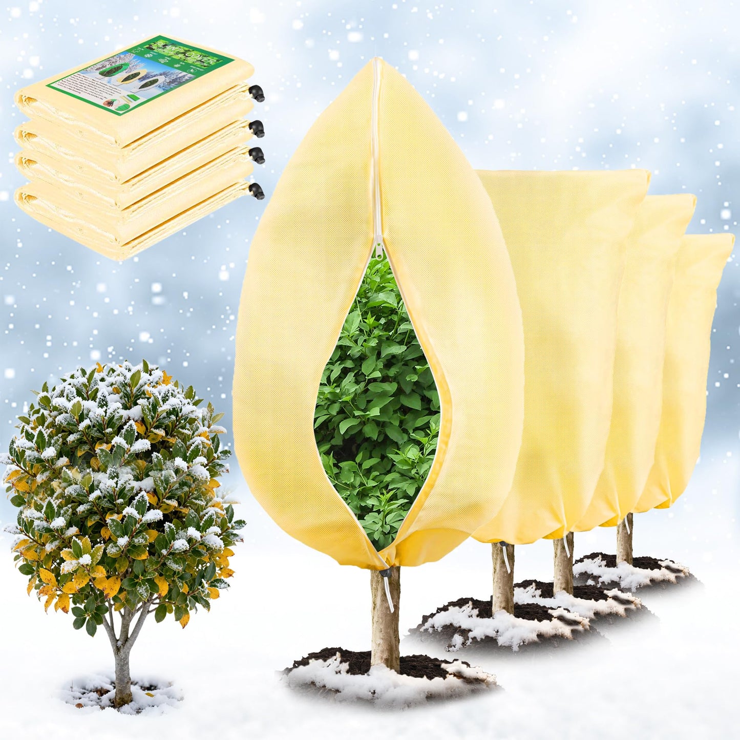 4 Pcs Plant Covers Freeze Protection, Reusable Winter Frost Cover for Outdoor Shrub & Fruit Tree Potted, 2.8oz/yd² Heavy-Duty Tree Jacket with Zipper & Drawstring, 32" x 47"