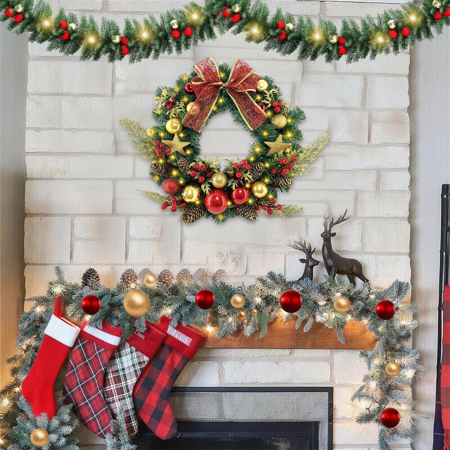 TXRXIZ 16 Inch Pre-Lit Christmas Door Wreath with Timer & Hanger & 50LED Warm Lights, Decor with Bow & Golden Ball & Star ect., Artificial Christmas Wreath for Door & Window & Fireplace
