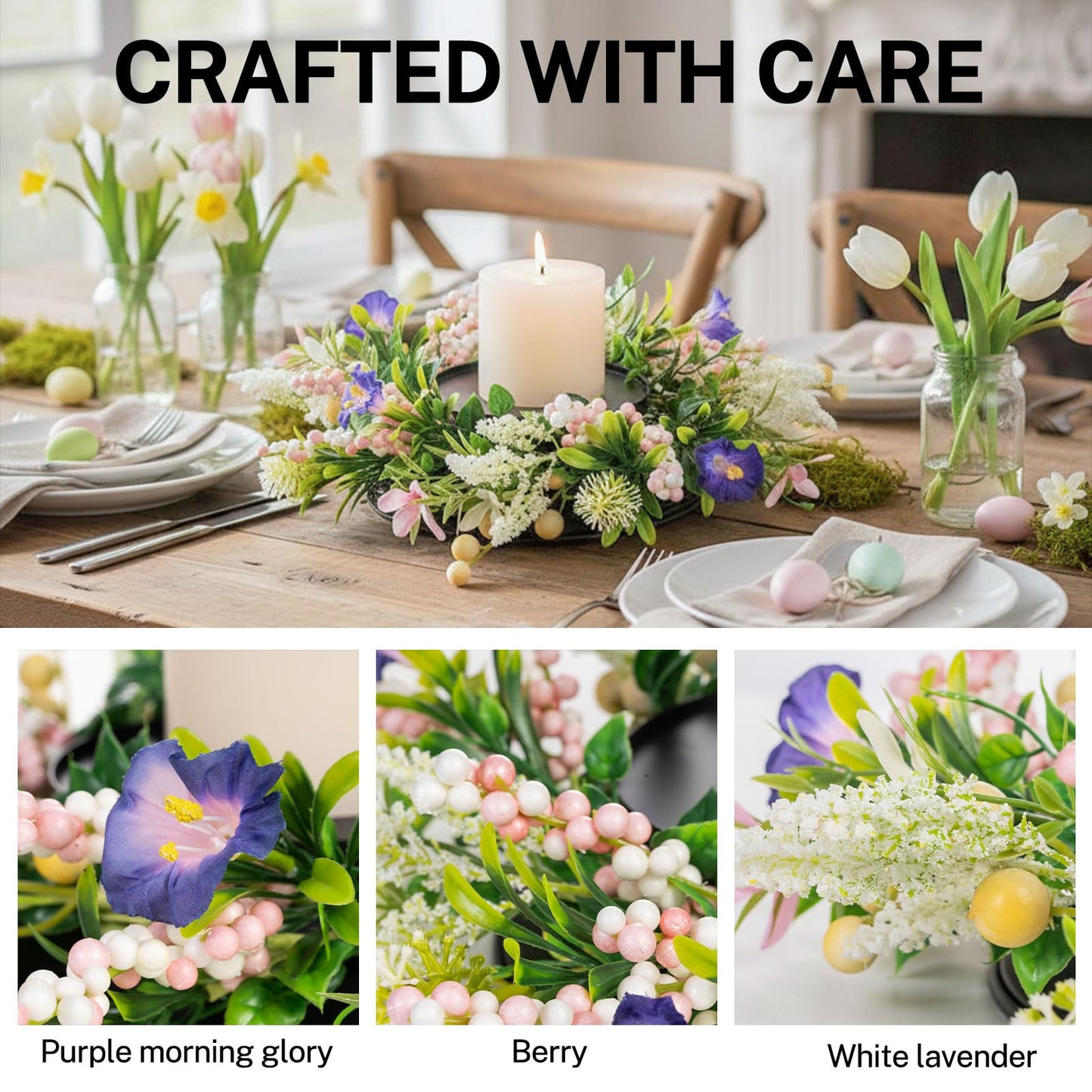 MOYEE Candle Holder Centerpieces for Tables,Candle Ring,Wreaths, Black Metal Candle Stick Paired Artificial Flowers 14 in Versatile Dining Table Centrepiece