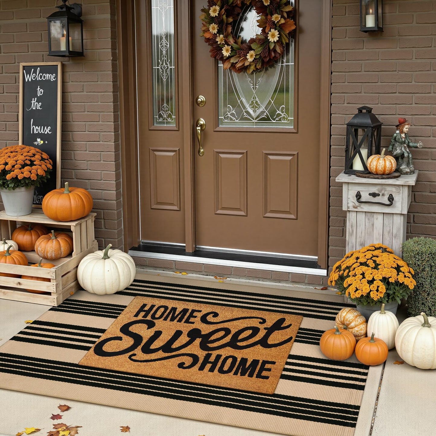 Sungea Black and Khaki Striped Rugs 3x5, Outdoor Cotton Hand Woven Front Door Mat,Washable Reversible Layered Door Mats, Foldable Front Porch Rug for Entryway/Home Entrance/Farmhouse
