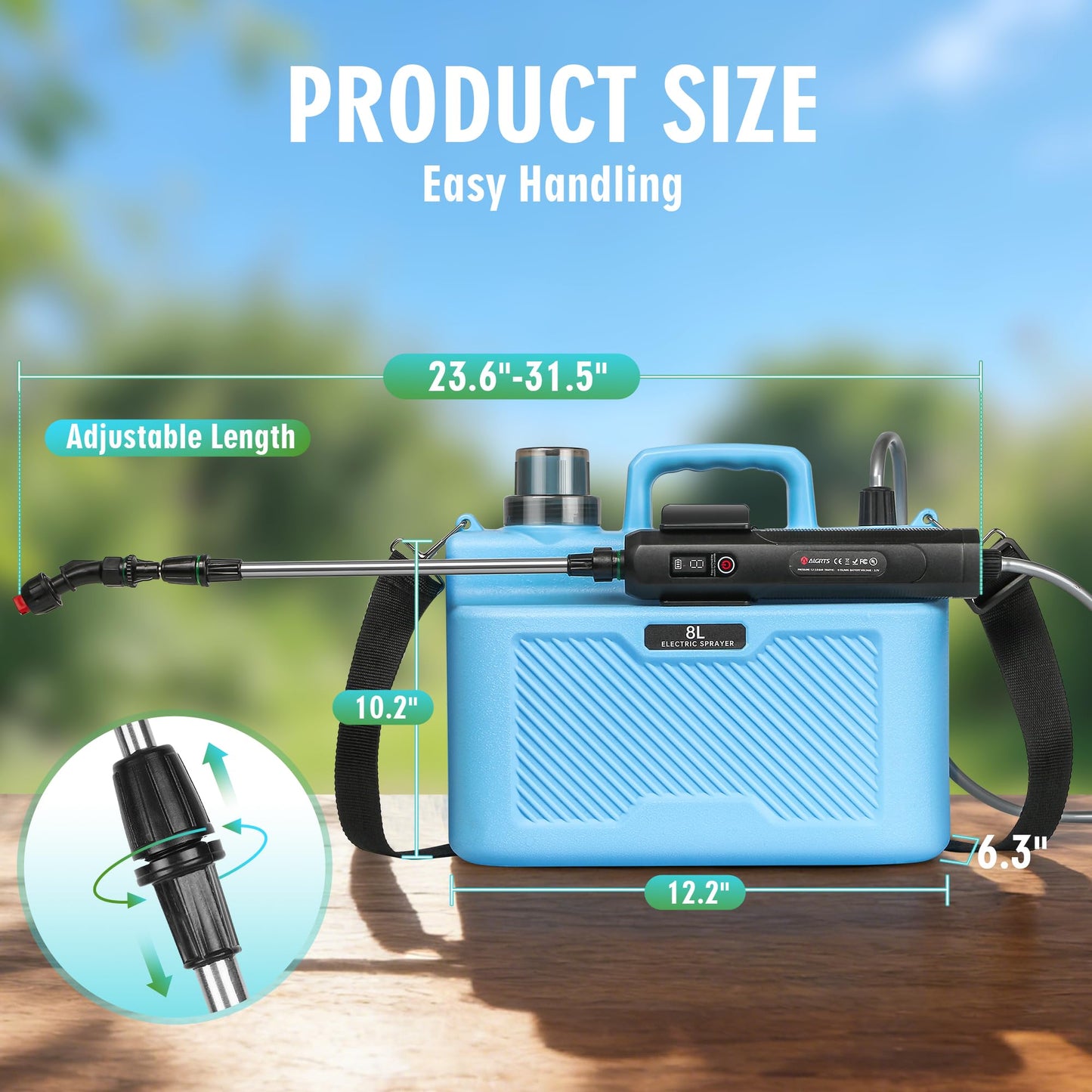 Battery Powered Sprayer 2 Gallon, 7.4V Powerful Electric Garden Sprayer, Rechargeable Weed Yard Lawn Sprayers with 4 Mist Nozzles, Retractable Wand, Adjustable Shoulder Strap