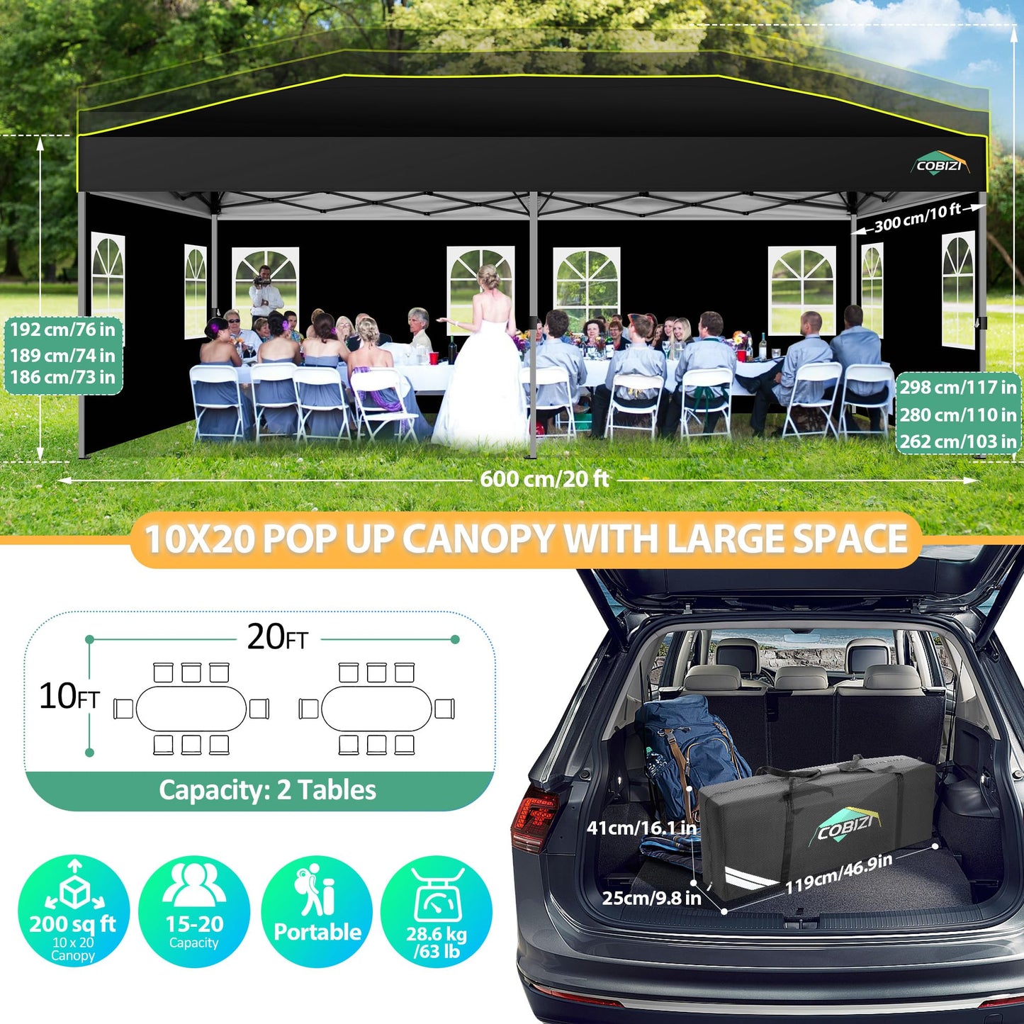 COBIZI 10x20 Pop Up Canopy Tent with 6 Sidewalls One Push Setup Outdoor Commercial Gazebo Waterproof UPF 50+ Party Tent with Carry Bag,Air Vent,Sandbag Tents for Parties,Wedding,Backyard,Black