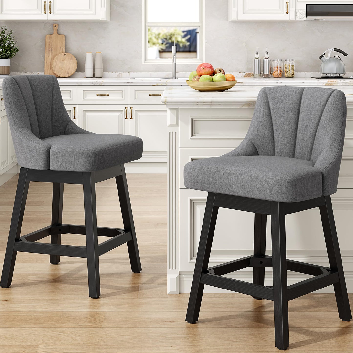 REONEY Swivel Bar Stools Set of 3, Fabric Upholstered Counter Height Barstool, 26" Modern Kitchen Island Chairs with Back and Solid Wood Legs for Home Bar Dining Room, Dark Grey