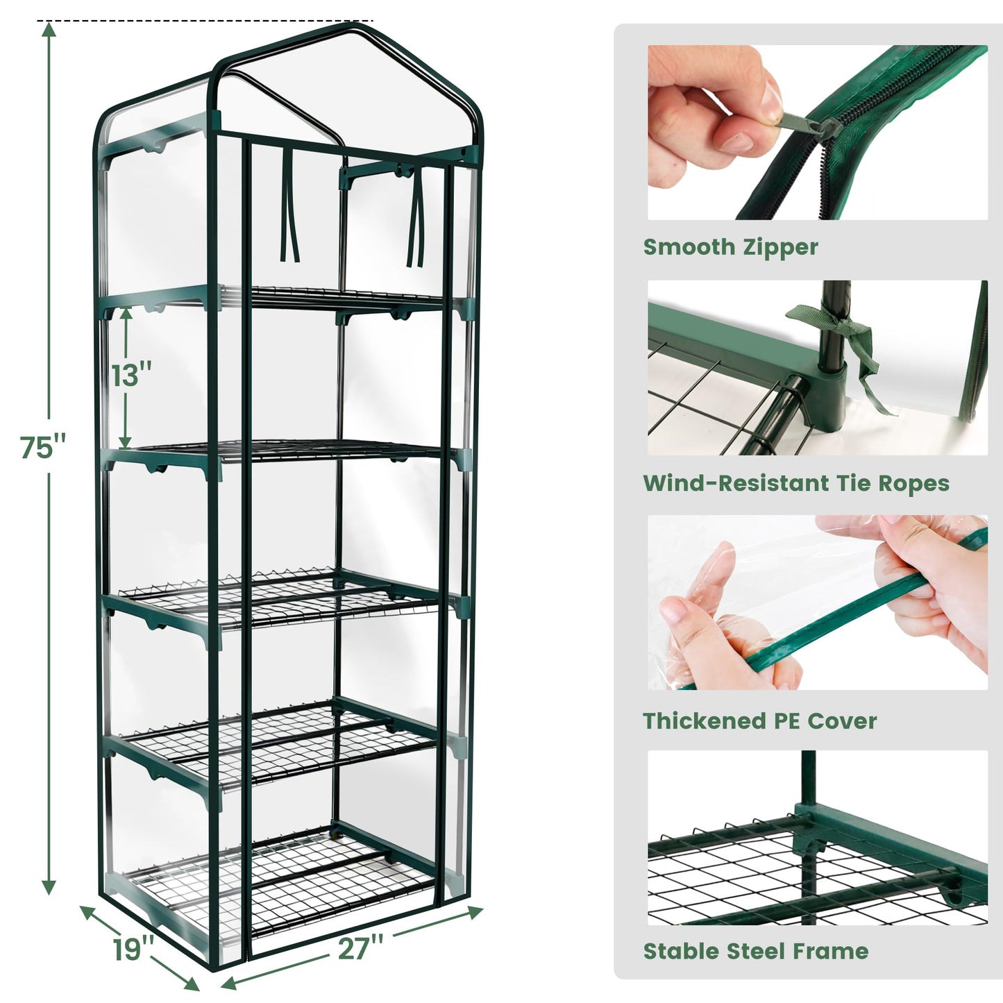 Worth Garden 5 Tier Mini Greenhouse - 75'' H x 27'' L x 19'' W - Sturdy Portable Gardening Shelves with PVC Cover - Small Porch Green House for Growing Plants Flowers Indoor & Outdoor