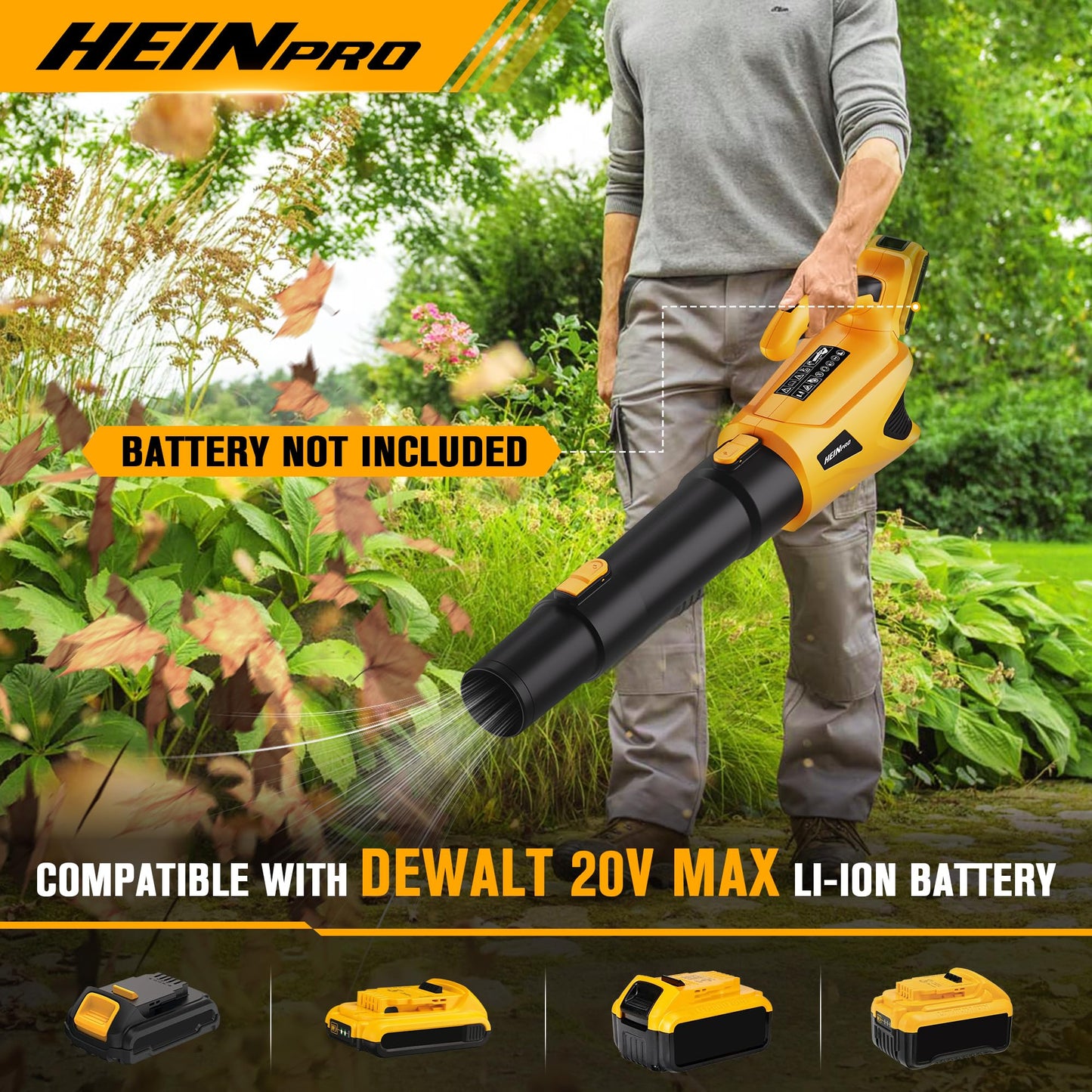 HEINPRO Cordless Leaf Blower Compatible with Dewalt 20V Max Battery, 500CFM/150MPH Electric Leaf Blower Cordless, 5 Speed Modes, Battery Powered Blowers for Lawn Care, Yard (Tool Only)