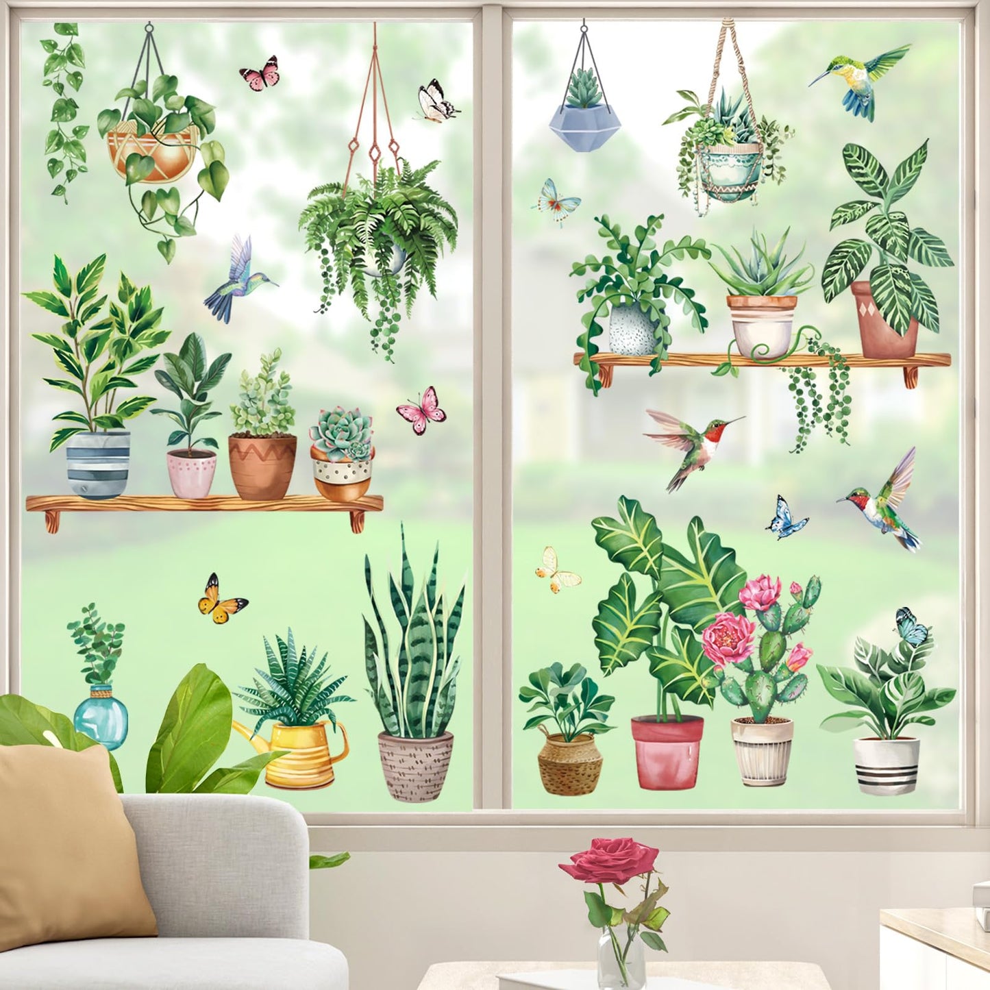 wondever Hanging Green Potted Plant Window Clings Tropical Botanical Cactus Bird Glass Sticker Decal Anti Collision Double-Side Static Window Stickers for Home Glass Window