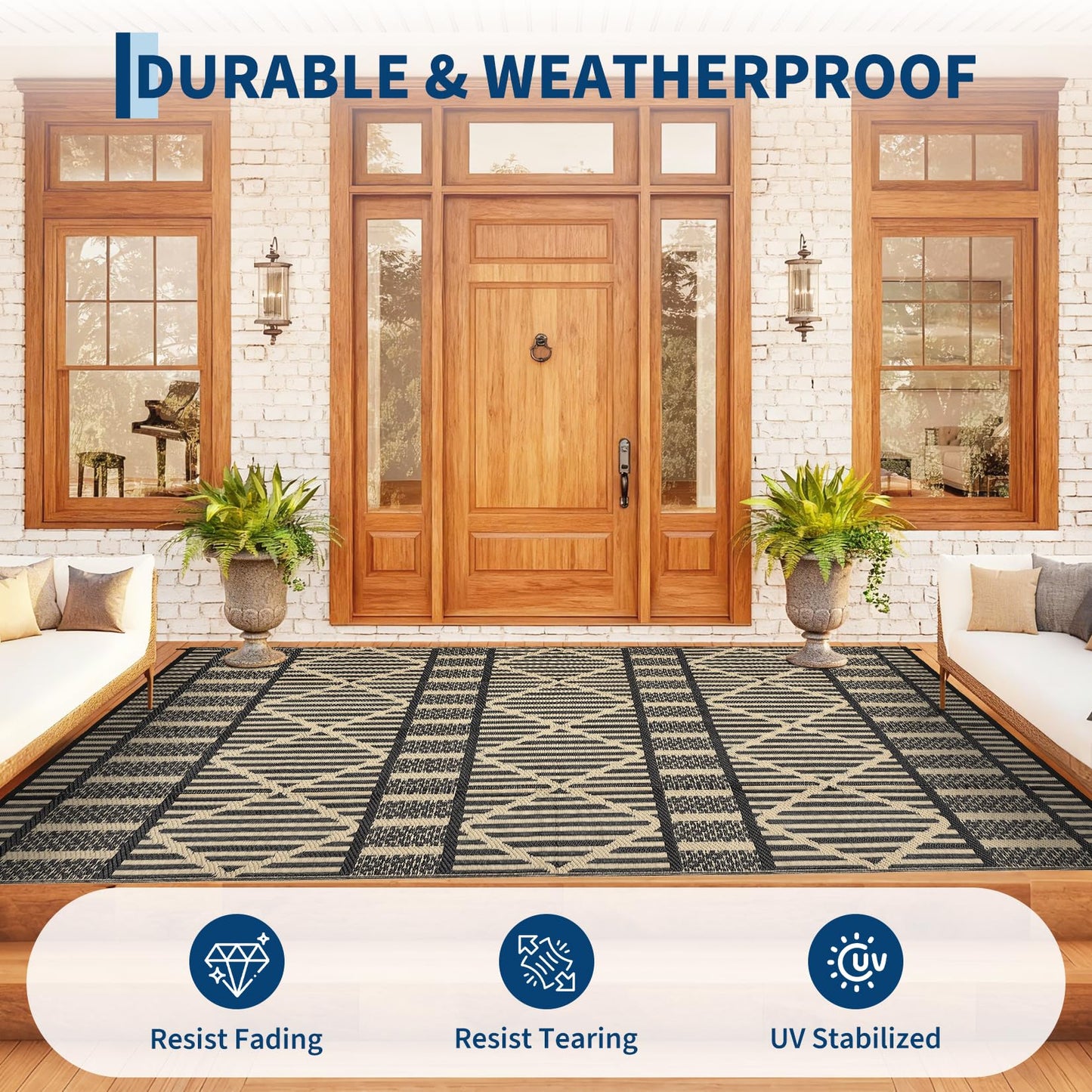 IDEALHOUSE 9x18 Ft Outdoor Rug 320GSM PP Woven Double Sided Same Pattern Waterproof Geometric Patio Mat for Backyard Deck Porch Camping Picnic Beach, Black Coffee