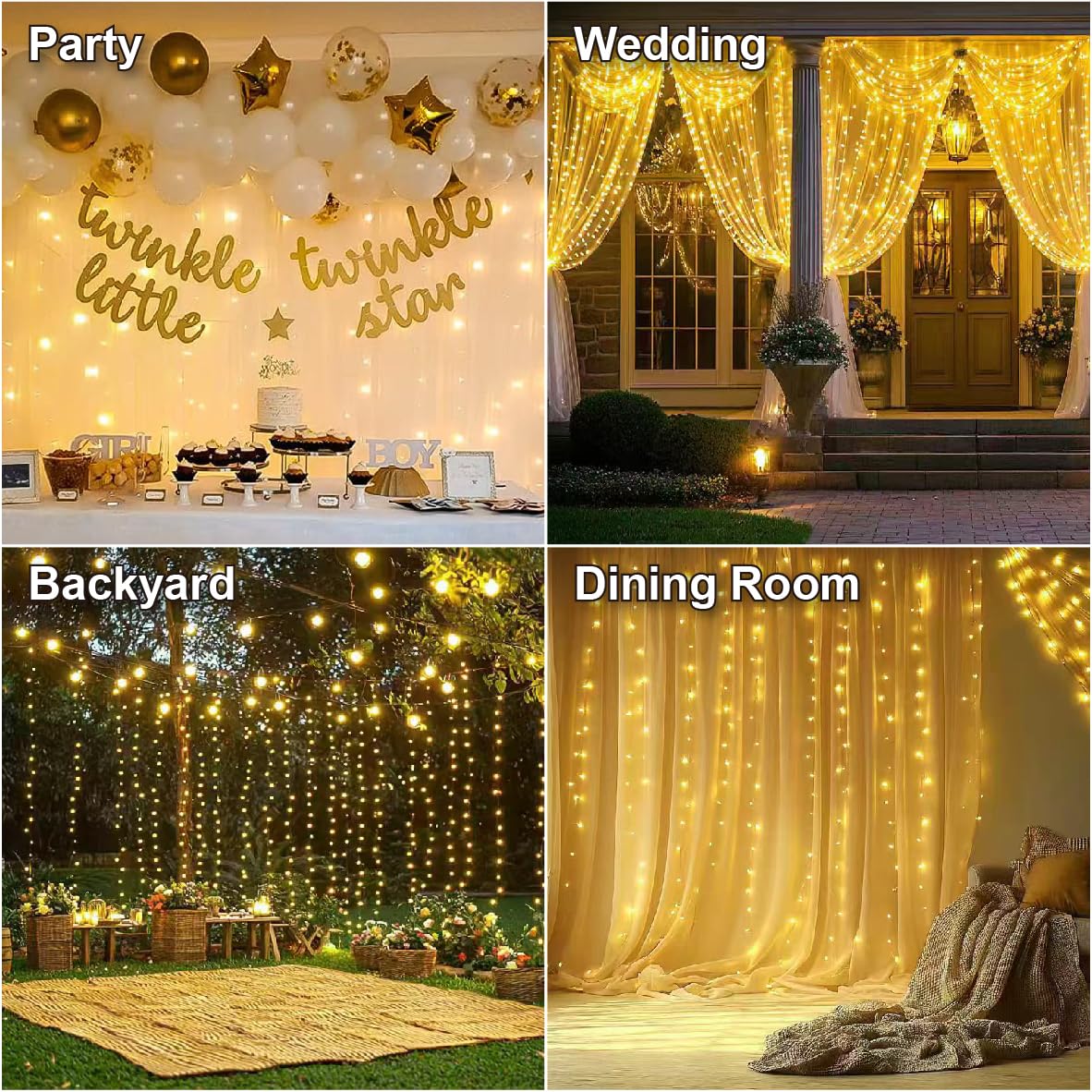 HXWEIYE 300LED Fairy Curtain Lights, 9.8x9.8Ft USB Plug-in 8 Modes Christmas String Hanging Lights with Remote for Bedroom Backdrop Wedding Indoor Wall Decor, Warm White, Standard – 1 Pack