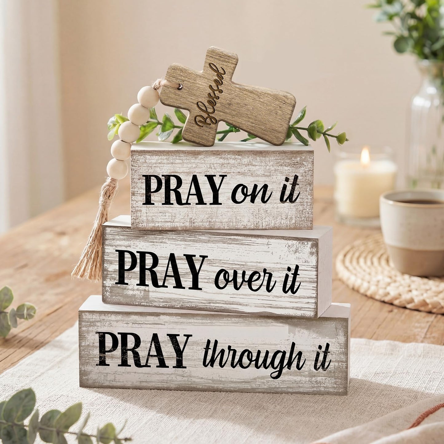 Moucuny 4 Pcs Christian Table Decor Wooden Cross Wooden Bible Verse Sign Inspirational Religious Christian Centerpiece Pray Block Signs Farmhouse Table Decoration for Mother's Day