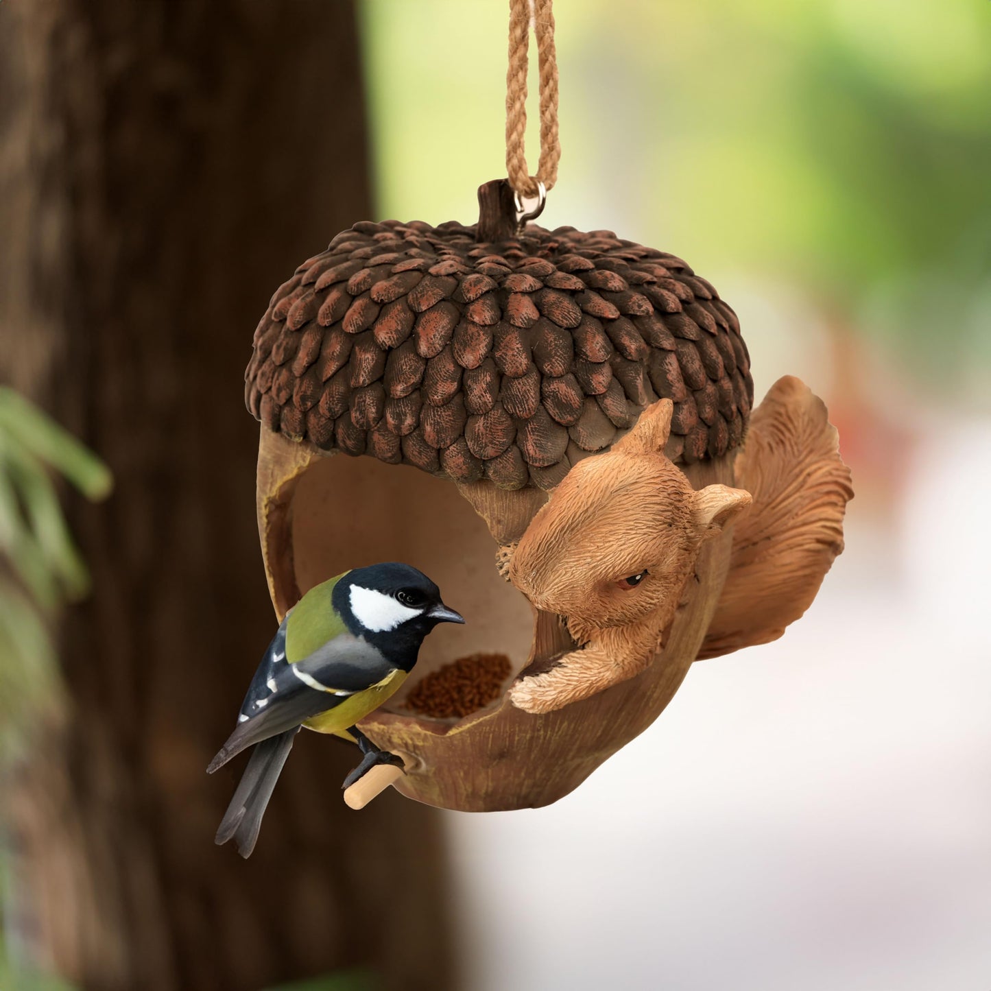 Hvfun Hanging Bird Houses for Outside, Acorn-Shaped Resin Birdhouse with Squirrel Design for Outdoors Decorative Birdhouses,