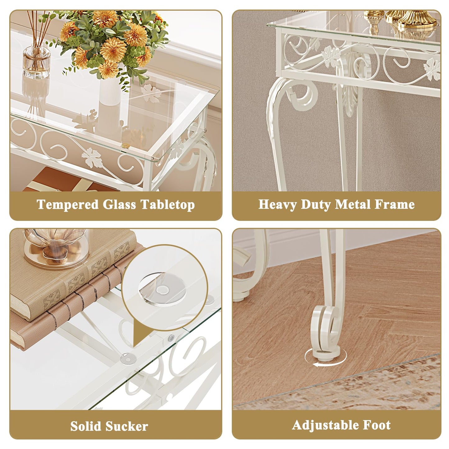 HavenlyYouth Console Table 47.2", Tempered Glass Sofa Table with Metal Frame, Console Tables for Living Room, Entryway, Hallway, Foyer, Adjustable Feet (White)