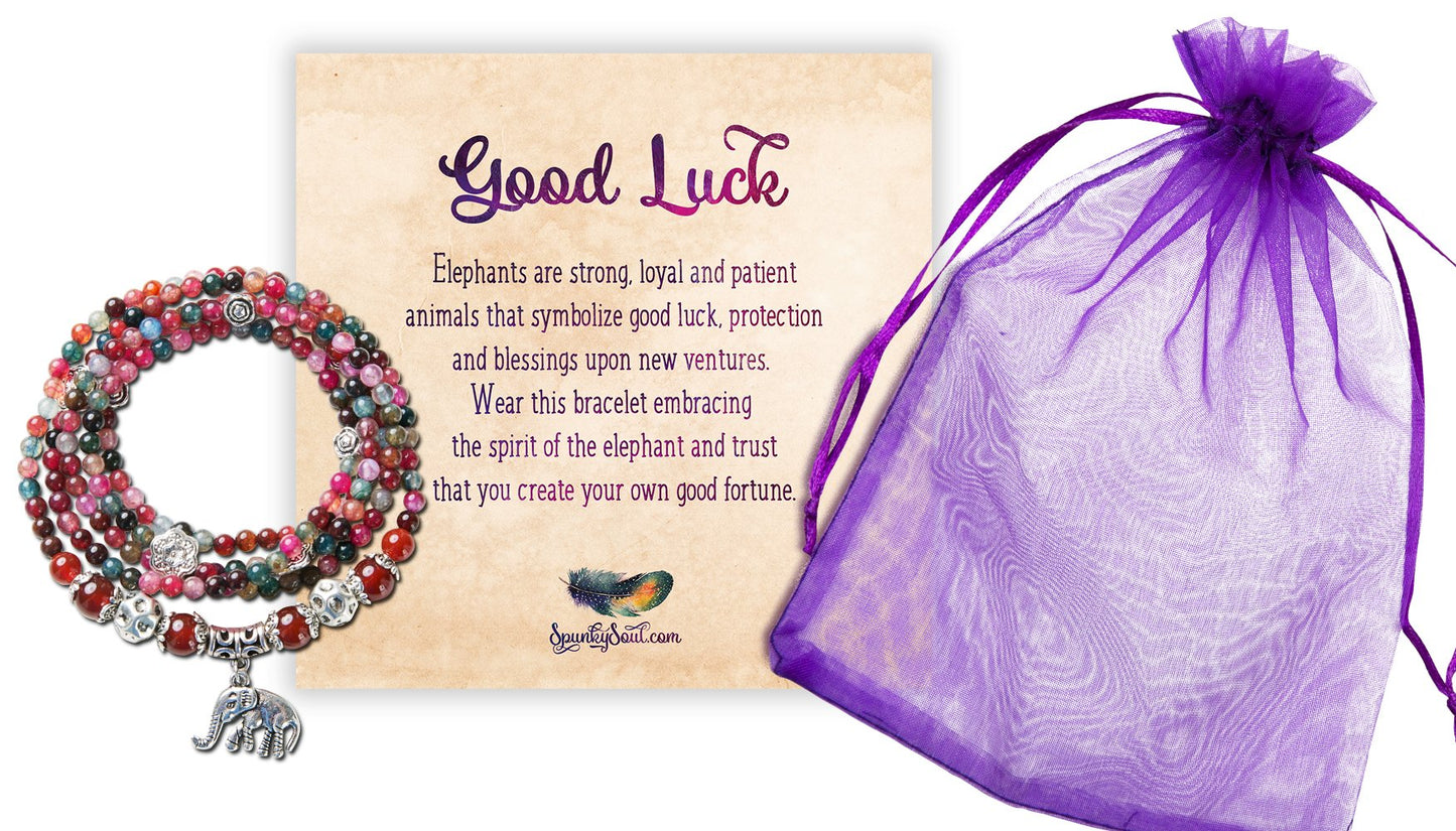 SPUNKYsoul Good Luck Elephant Natural Garnet & Agate Stretch Wrap Bracelet Mala Collection