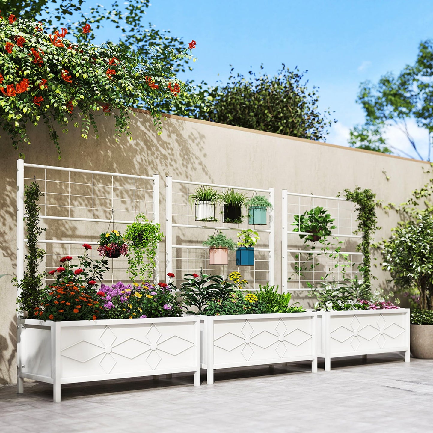 Outsunny Planter Box with Trellis, 35.4 x 15.7 x 47.2 inch Raised Garden Bed with Drainage Holes, Planters for Outdoor Plants, Vegetables, Flowers, Herbs, Trellis Planter, White