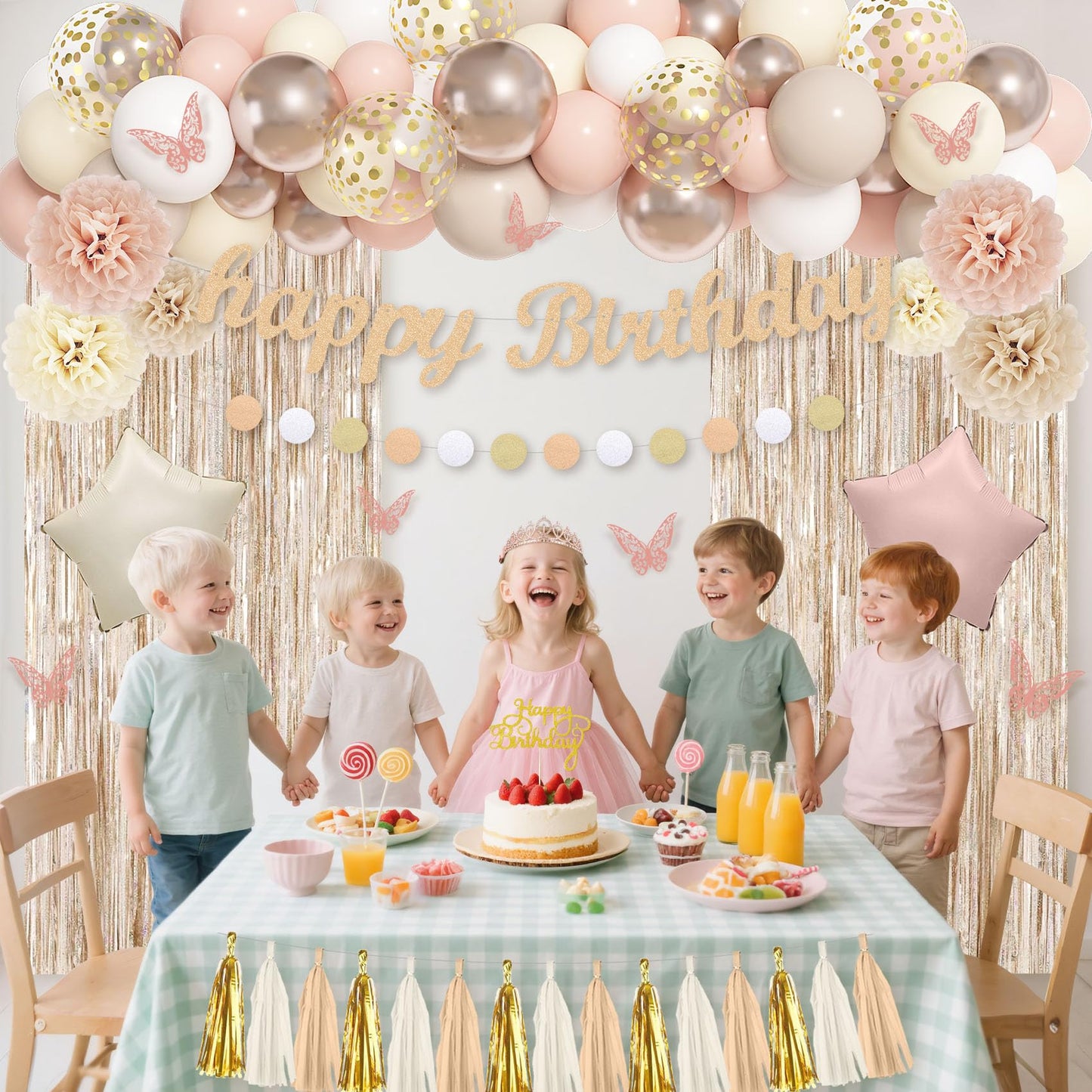 Ouddy Life Birthday Decorations for Women Girls, Neutral Foil Star Balloons Happy Birthday Circle Dots Banner Fringe Curtains Cake Topper Butterfly Paper Pompoms for Baby Shower Party Supplies