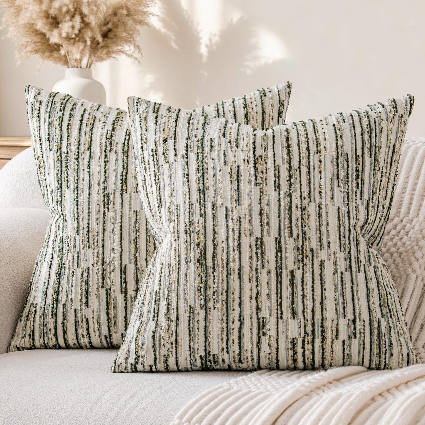a moment Boho Throw Pillow Covers Set of 2,Striped Decorative Rustic Farmhouse Pillow Cases,Aesthetic Modern Home Decor Couch Cushion Covers for Bed Sofa Living Room 20"X20" Moss Green