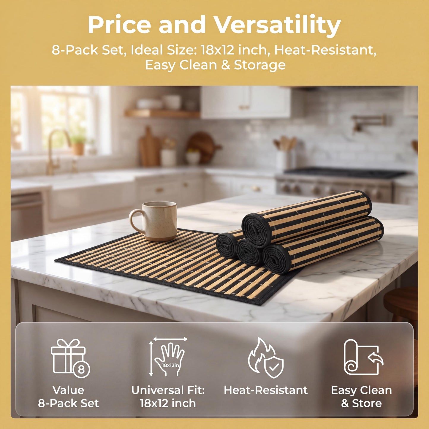 YIMITEE 8 Pack Bamboo Placemats, 18 x 12 Inch Anti-Slip Table Mats, Rustic Japanese Style Heat-Resistant Dining Place Mats for Dining Room Kitchen Wedding Restaurant Party
