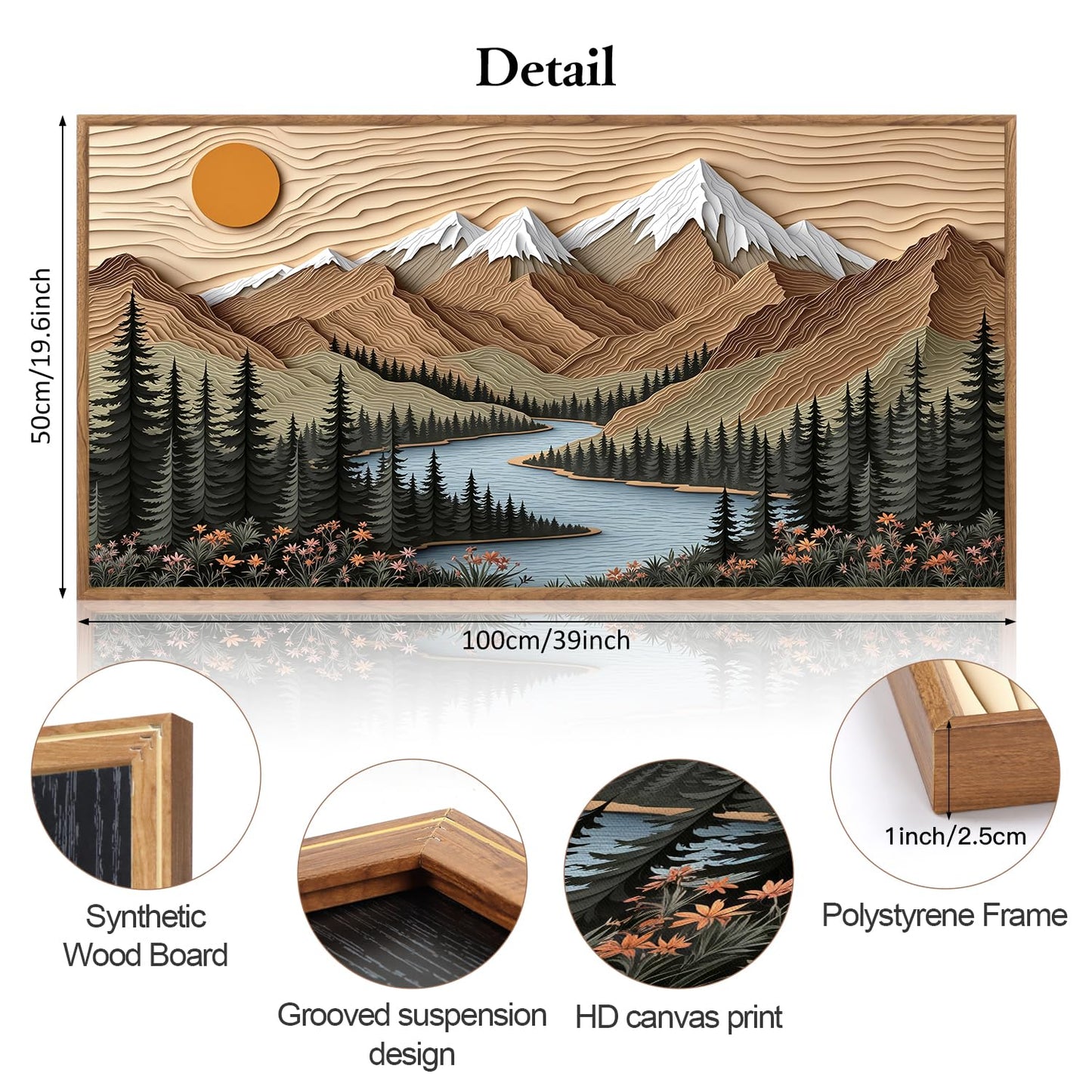 CHDITB Mountain Framed Wall Art, Long Horizontal Mountains Wall Decor, Sun Lake Pine Trees Nature Wall Painting, Modern Rustic Farmhouse Landscape Art Prints for Bedroom Office Decoration 20"x40"