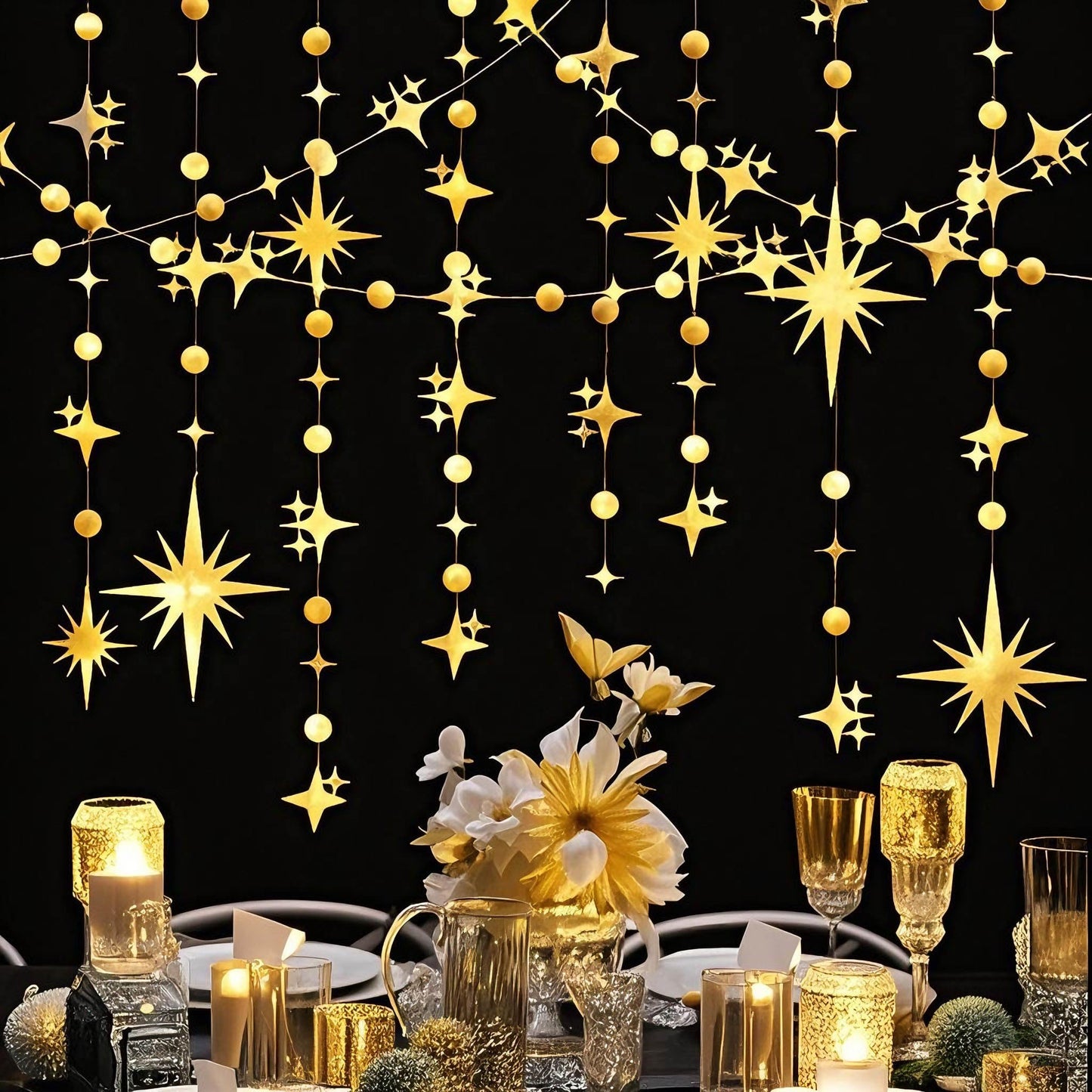 Glitter Gold Star Circle Dot Garland 30 Feet Twinkle Gold Star Circle Dot Ceiling Hanging Banner Backdrop for Birthday Wedding Baby Shower Graduation Disco Party Decorations