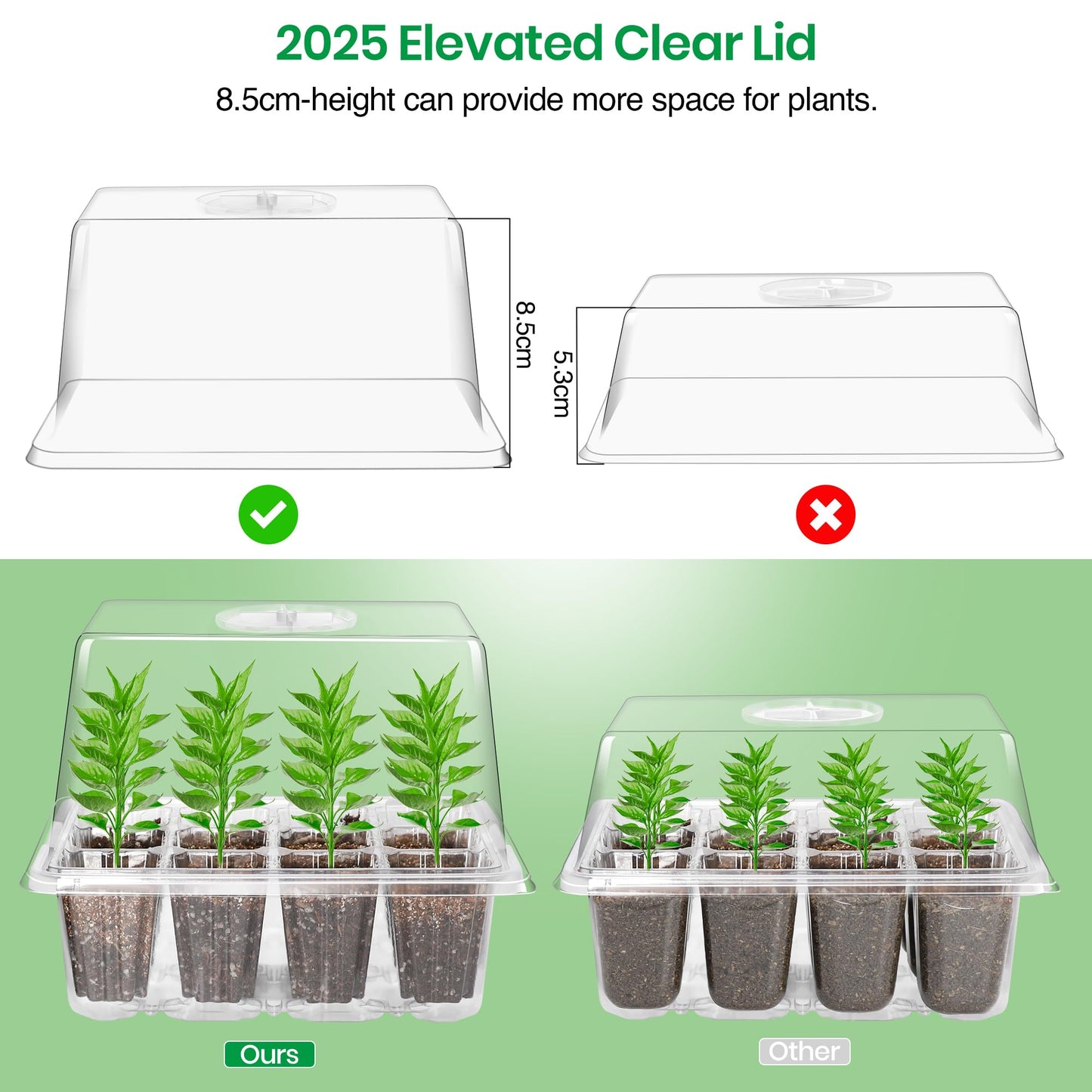 Bonviee 10 Packs Seed Starter Tray with Elevated Lid, 120 Cells Thicken Seed Starting Trays Kit with Adjustable Humidity Vent, Clear Cell Tray and Heightened Lids for Greenhouse & Gardens, Clear