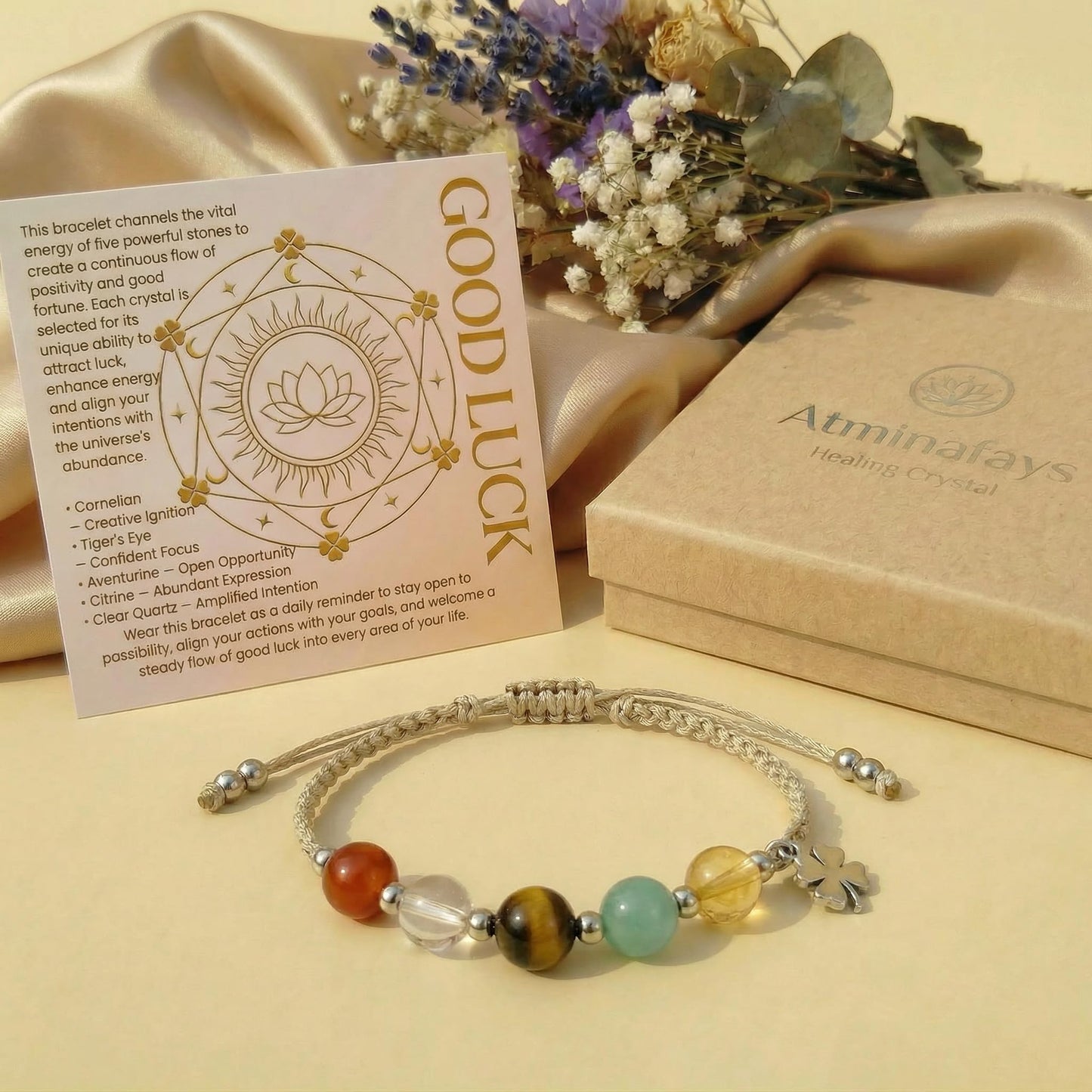 Atminafays Abundance Money Bracelet/Good Luck Bracelet – 8mm AAA+ Genuine Healing Crystals | Adjustable Feng Shui Jewelry for Men Women | Manifestation for Yoga Meditation (good luck)
