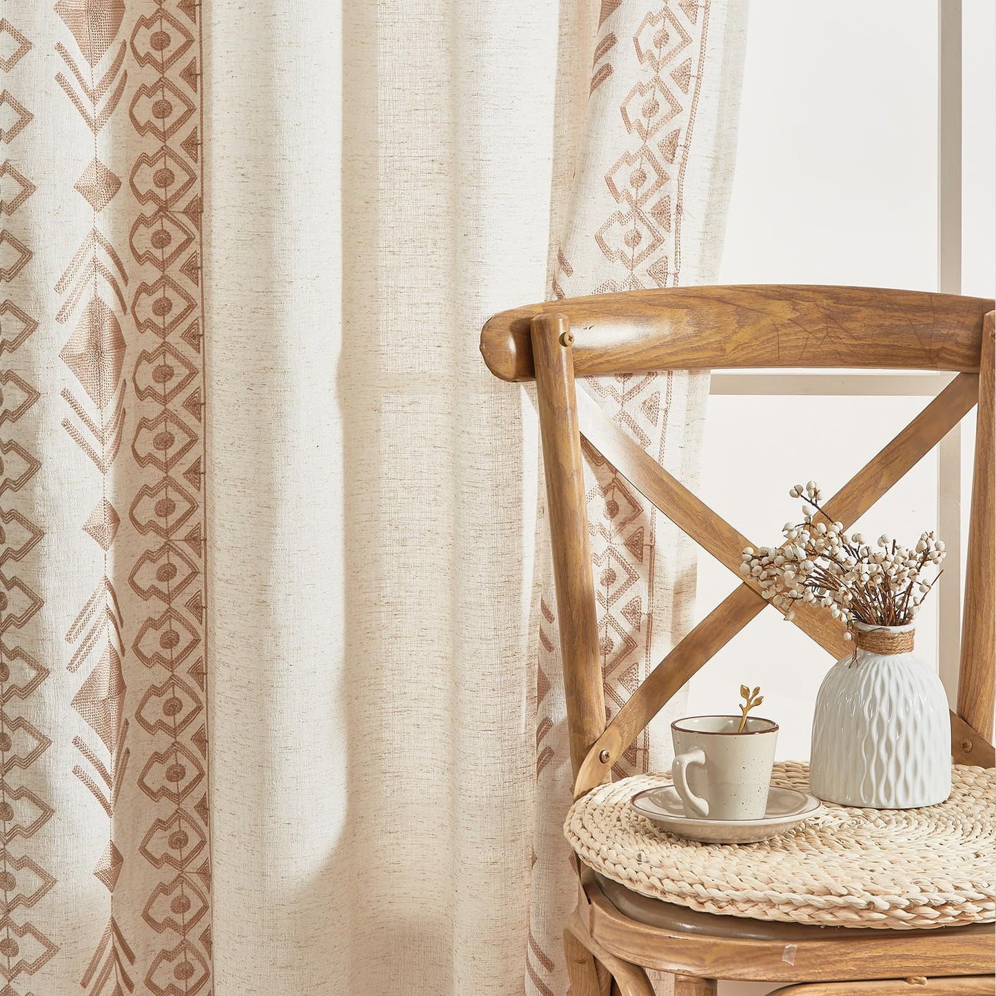 LOHUT Beige Boho Curtains 2 Panels for Bedroom 84 Inches Long Linen Embroidered Drapes for Living Room Farmhouse Geometric Light Filtering Grommet Window Treatment 55x84 Inch, Taupe On Beige