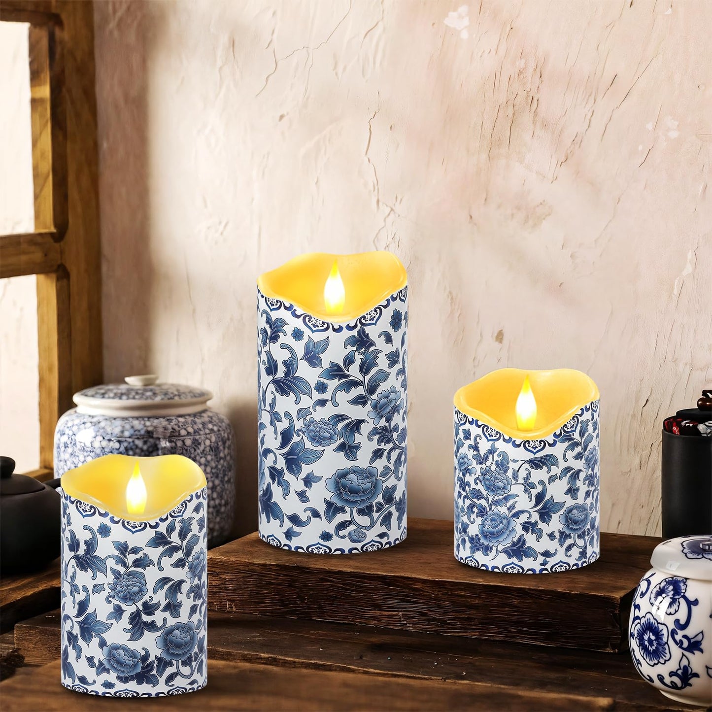 Lebaley 3PCS Chinoiserie Flameless Candles – Blue and White Porcelain Candles with Remote,Floral Battery Operated LED Candles,Blue Pillar Candles Chinoiserie Decor for Home Weddings Party Festivals