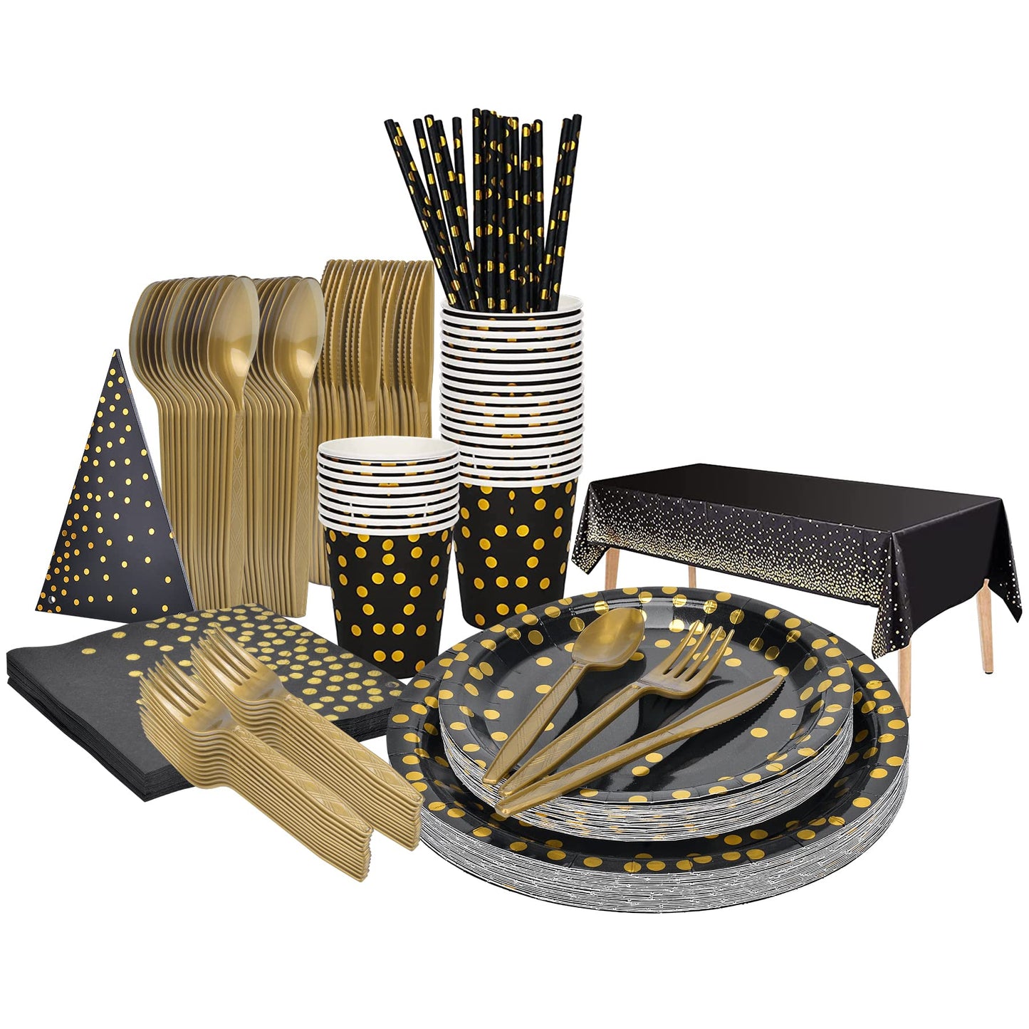 202pcs Eco-Friendly Disposable Black and Gold Paper Plates Supplies Bulk Dinnerware Decorations for Party Wedding Birthday Dinner Dessert (25 Guest)