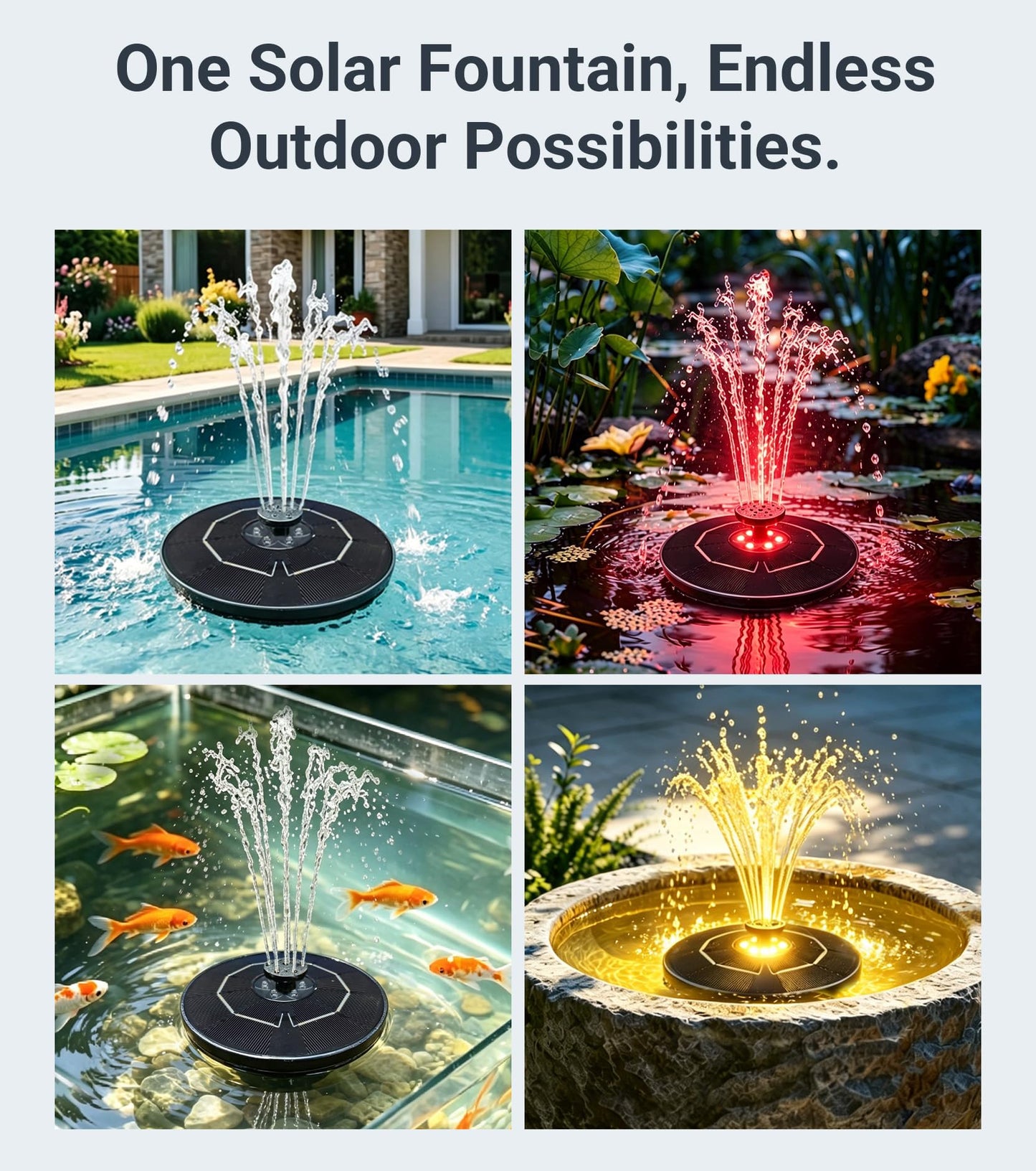 OUISJYER Solar Bird Bath Fountain with LED Lights – 6.3" Floating Solar Fountain Pump with Battery Backup | 9V/2W Powerful Water Spray, 5 Nozzles, for Bird Bath, Pond, Garden & Outdoor Decor