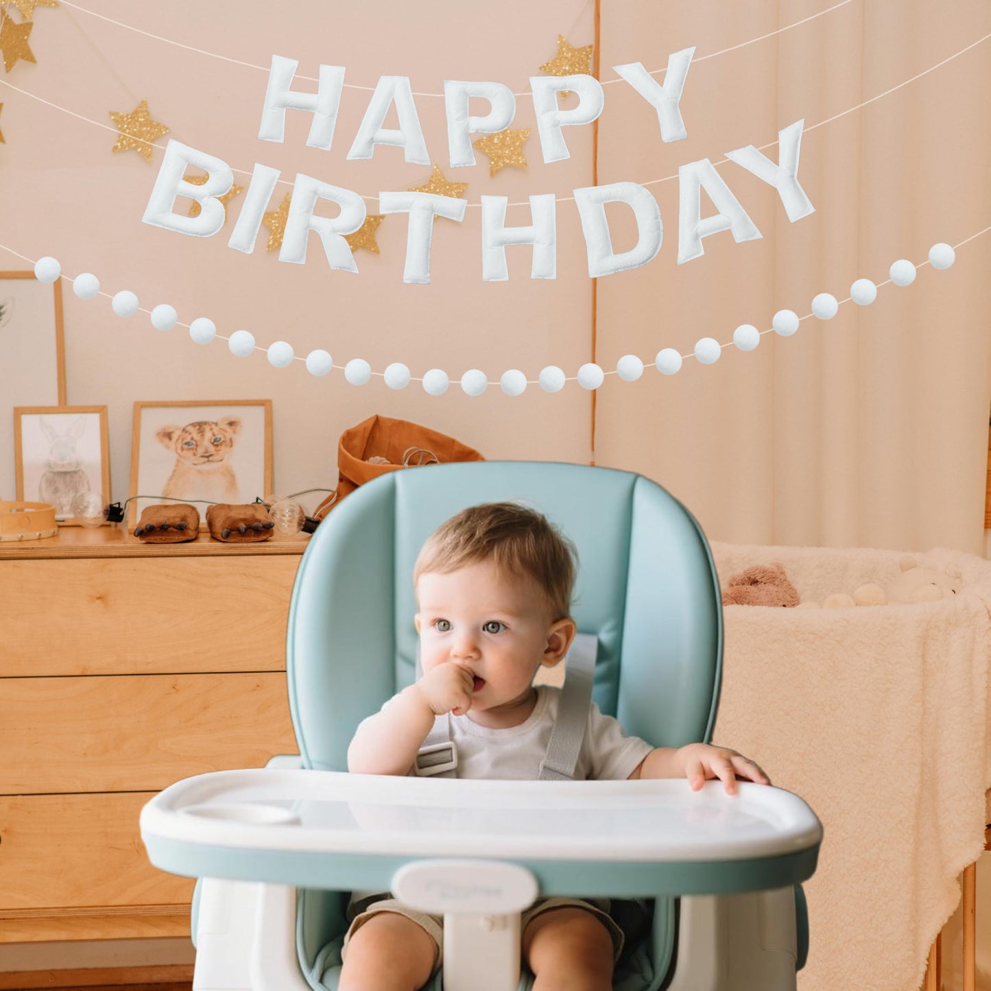 2 PCS Pre-Strung 3D Felt Happy Birthday Banner - White Theme Birthday Decorations Sign, Pom Pom Garland, Reusable Party Decor, Photo Prop（White）