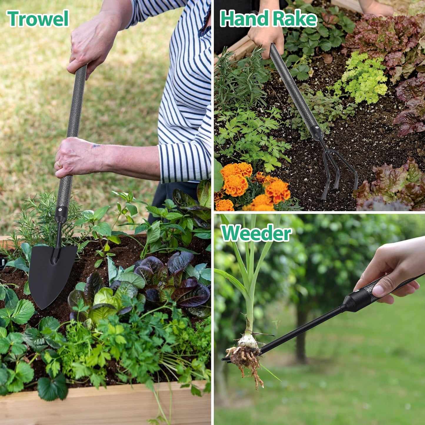 Garden Tool Set, 5-Piece Heavy Duty Gardening Tools Kit with Extendable Handle, Metal Trowel, Cultivator, Weeder, Pruner, Back-Saving Grips for Yard Raised Bed, Rust-Proof, Gift for Women, Men, Kids