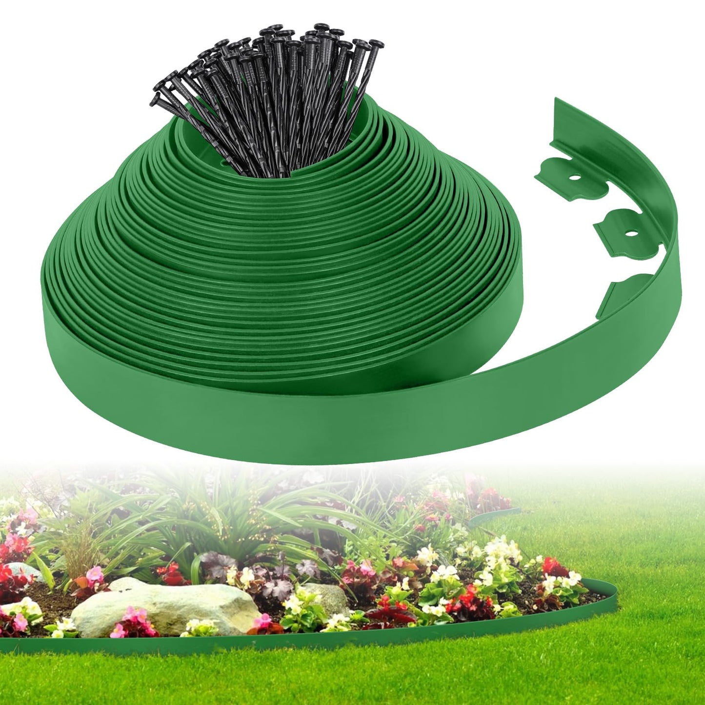 2-Inch x 50 FT Landscape Edging Border with 75 Stakes, Garden Edging Border Lawn Edging Border, Plastic Edging Border Flexible for Garden Flower Beds Lawn Yard Paver Pathway (Green)