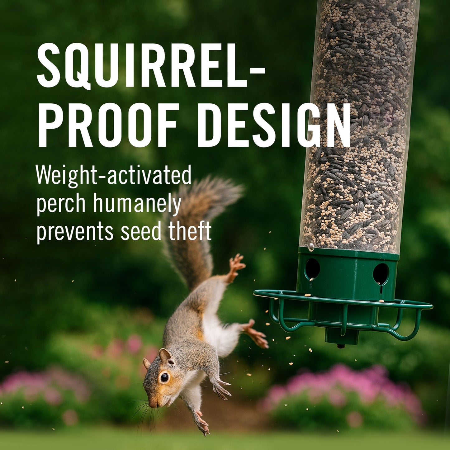 Droll Yankees Squirrel Proof Bird Feeder for Outdoors – Rechargeable Weight-Activated Rotating Perch, 5lb Seed Capacity, Metal Base, UV-Stabilized Seed Tube, Hanging Green Yankee Flipper, YF-M