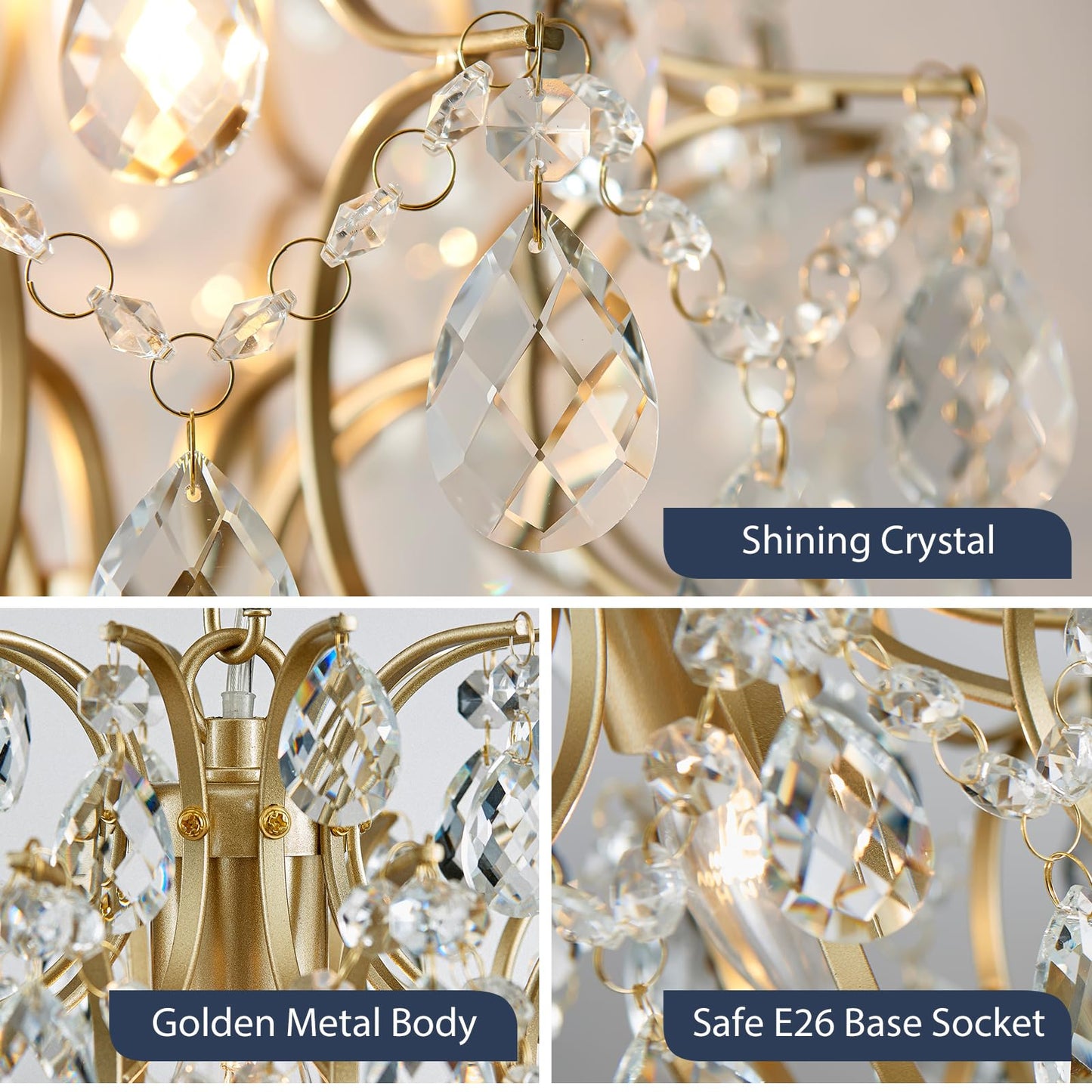 Bestier Gold Modern Pendant Chandelier Crystal Raindrop Lighting Ceiling Light Fixture Lamp for Dining Room Bathroom Bedroom Livingroom entryway 1 E26 Bulbs Required D13 in x H16 in