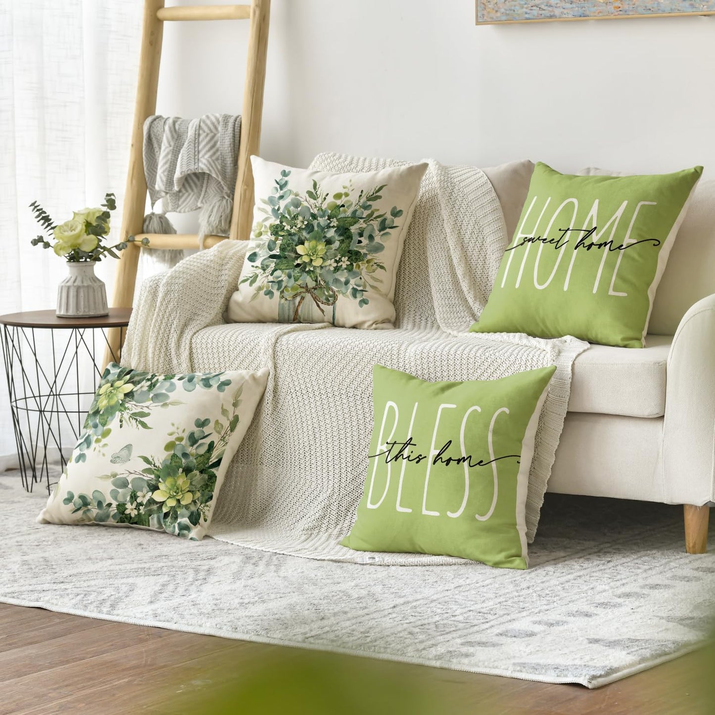 AVOIN Colorlife Home Sweet Home Eucalyptus Leaves Green Throw Pillow Covers, 18x18 Inch Spring Summer Seasonal Decorations Set of 4
