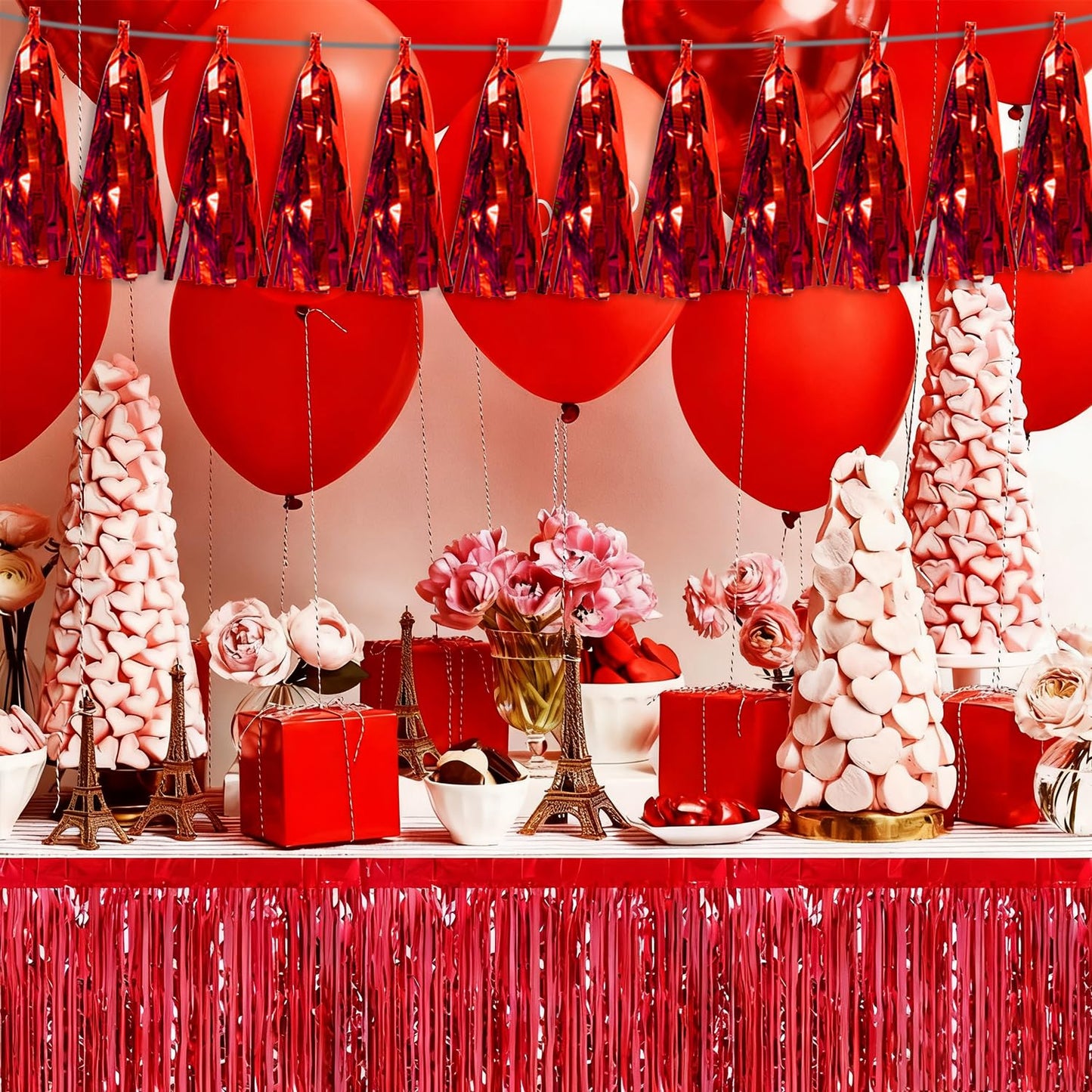 3P Red Tassel Banner Garland Metallic Foil Fringe Banner Tinsel Tassels Streamer Banner Backdrop for Parade Floats, 2025 Graduation Decorations, Wedding Party Decoration