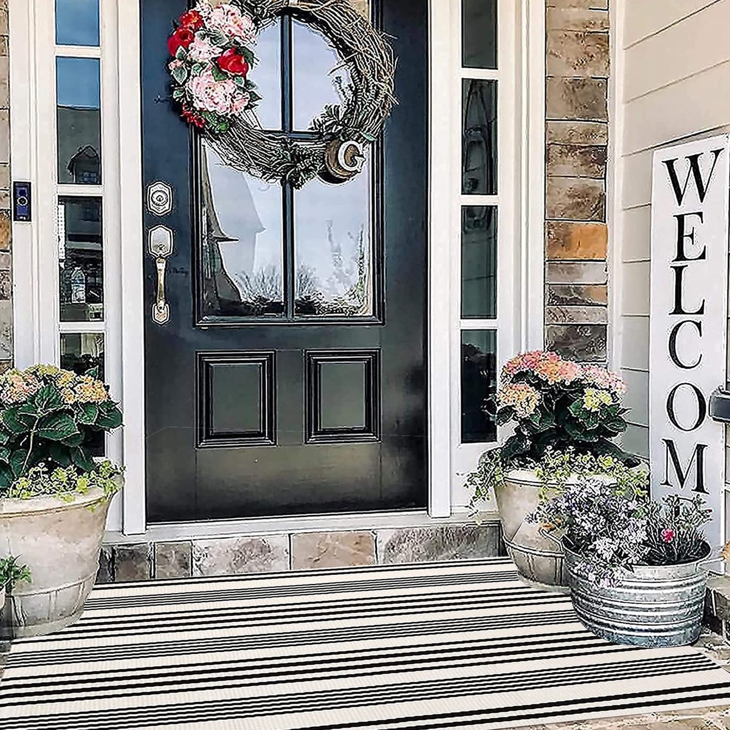 BUAGETUP Black and White Outdoor Rug 3'x 5' Cotton Woven Washable Rug Striped Front Porch Rug Area Rug Floor Mat for Farmhouse/Layered Door Mats/Living Room