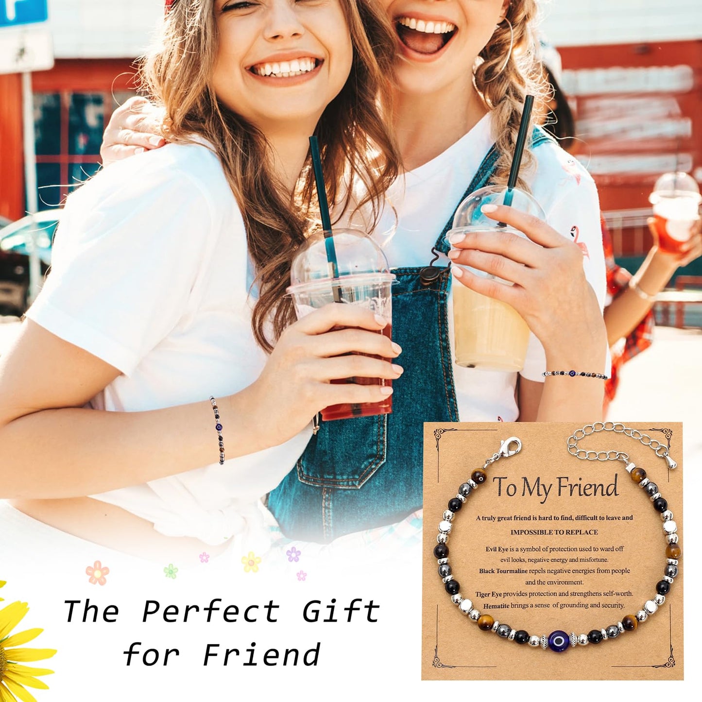 MTJAHPS Protection Bracelet, empath protection, black obsidian Crystals and Healing Stones Bracelet for Women ，Luck ，Anxiety and Stress Clam Bracelet (Friend-Evil Eye Triple Threat Protection)