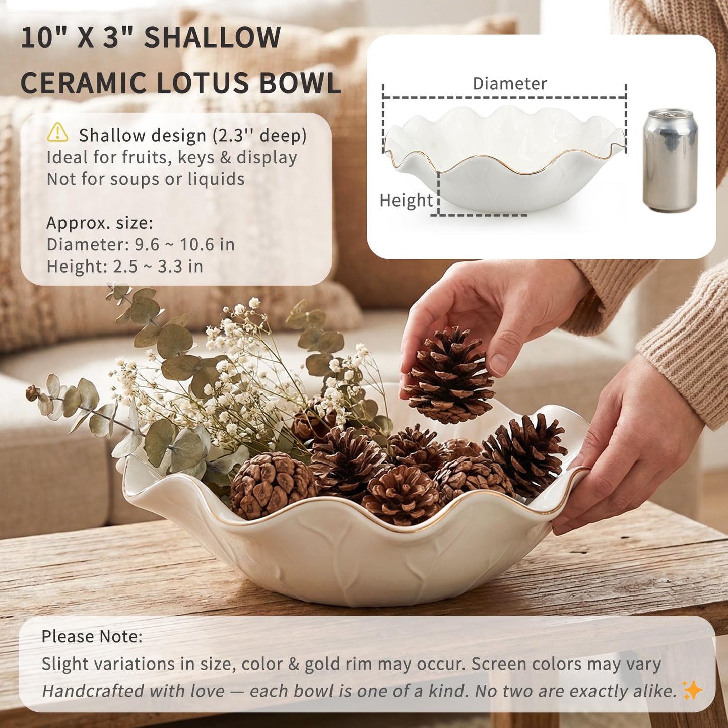 Afadorable 10 Inch White Shallow Handmade Ceramic Lotus Leaf Bowl with Gold Rim, Large Decorative Fruit Bowl for Kitchen Counter, Coffee Table Decor, Dining Table Centerpiece & Entryway Key Bowl