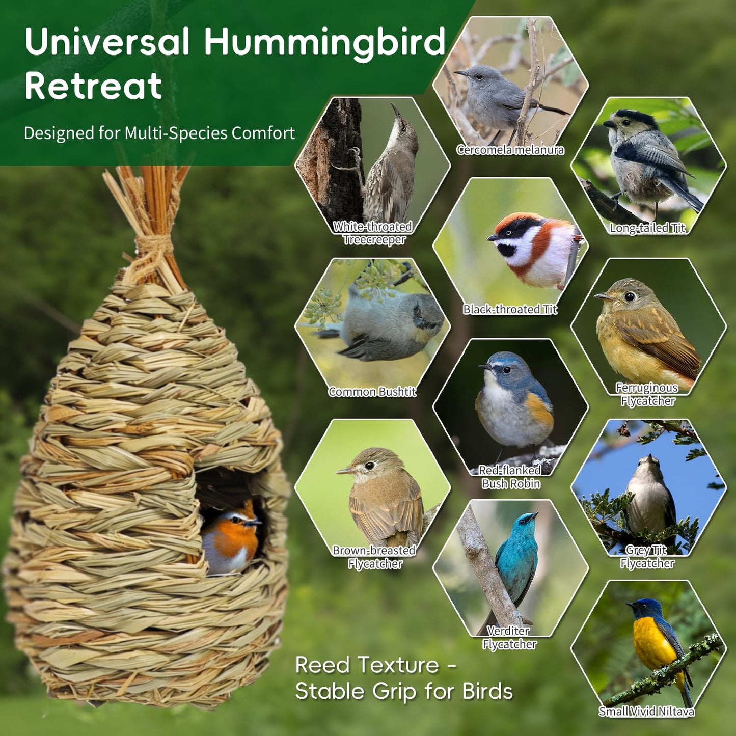 Gute Hummingbird Houses for Outside Hanging, Natural Grass Hanging Bird Hut, Hand Woven Bird Nest, Large Wren Finch Bird House for Garden Window Outdoor Home Decoration, 3 Pack