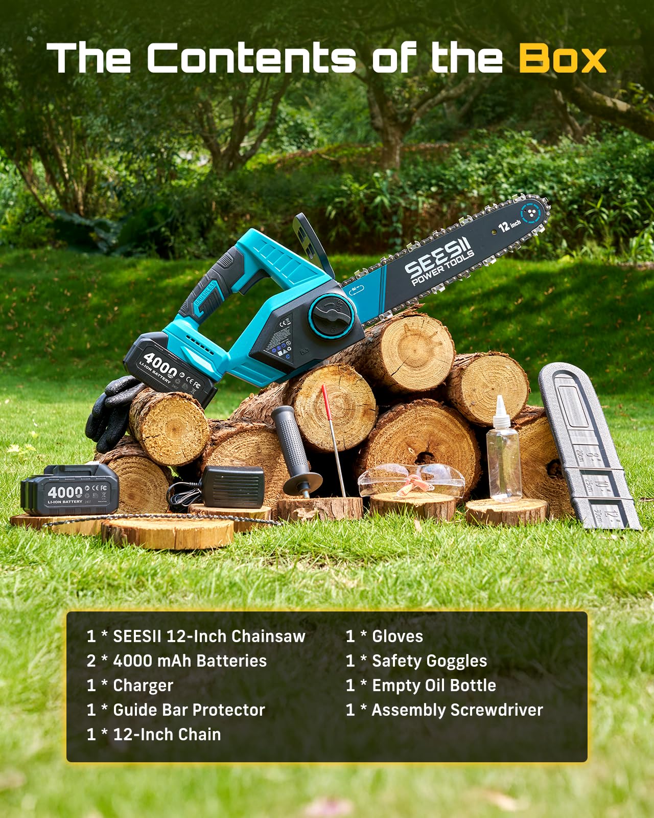 SEESII Electric Chainsaw Cordless 12-inch, Handheld Chain Saws with 2 x 4.0Ah Battery, Tree Saw with Tool-free Chain Tension, Auto Oiling for Wood Cutting Trimming Branch