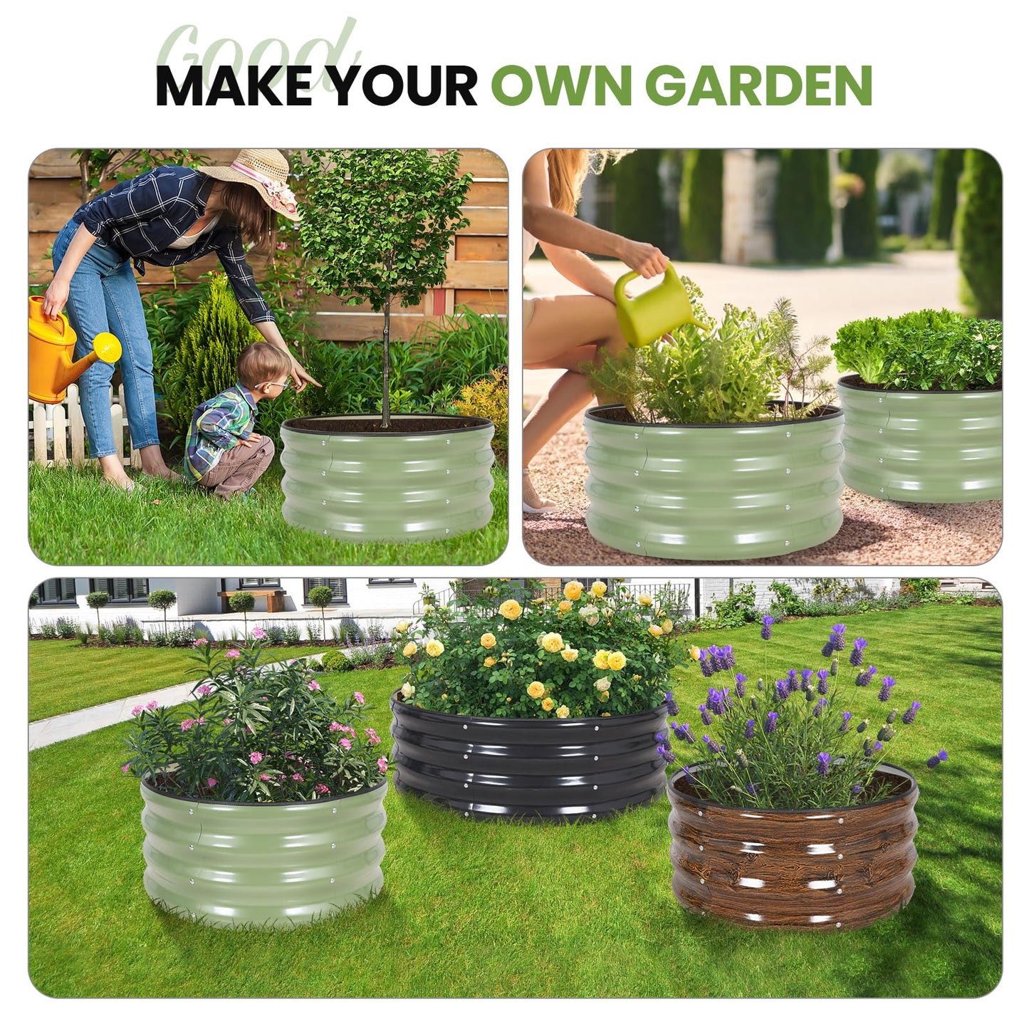 G GOOD GAIN Round Raised Garden Bed - 2Pcs 2x2x1ft Galvanized Steel Planter Boxes Outdoor with Rubber Edge Trim | Metal Raised Beds for Gardening Vegetables Flowers Fruits Herbs (Olive Green)