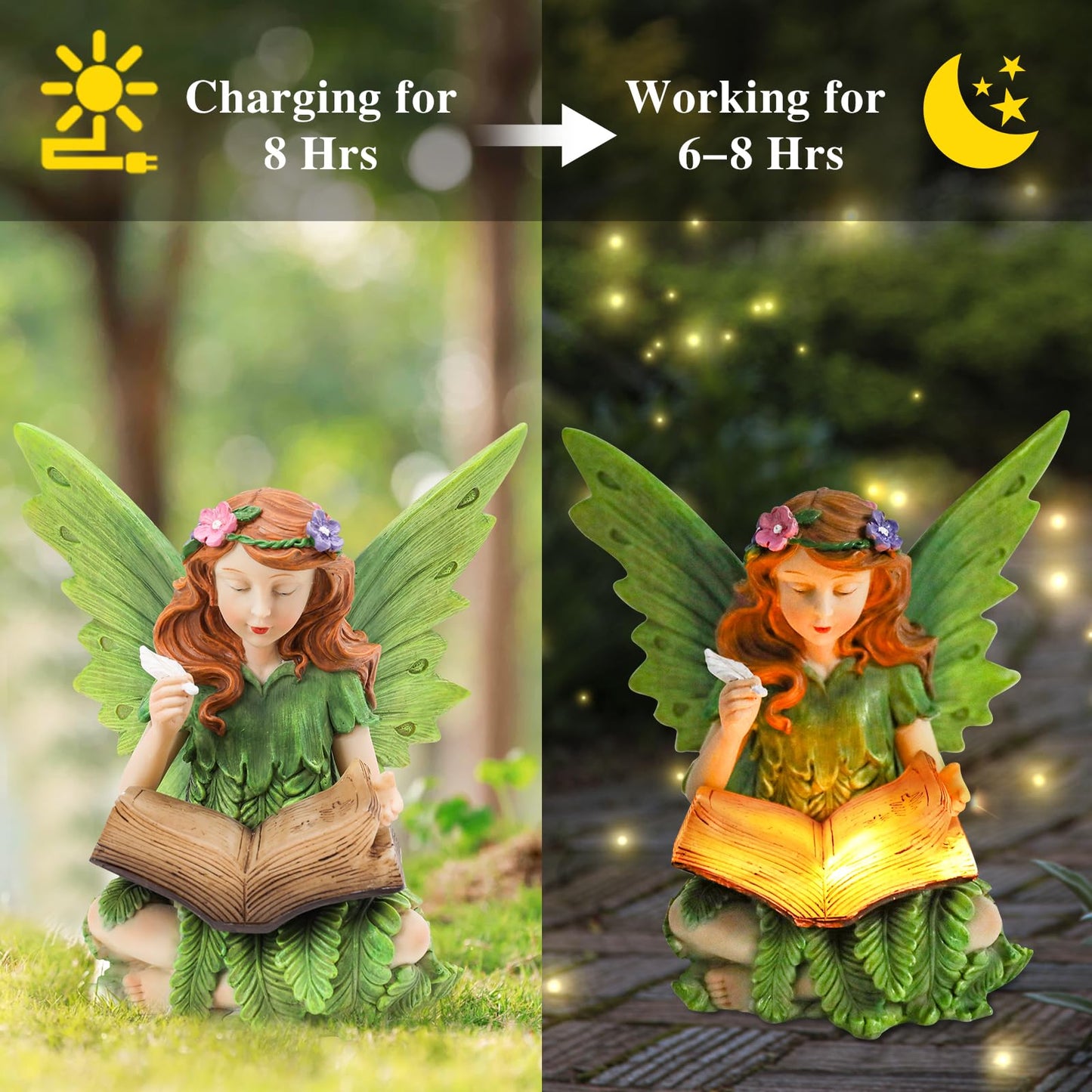 Afirst Solar Garden Fairy Statue, Green Fairy Solar Light Outdoor Resin Statues Figurine Light, Angel Reading Book Sculpture Solar Light for Outside Patio Garden Yard Lawn Decor