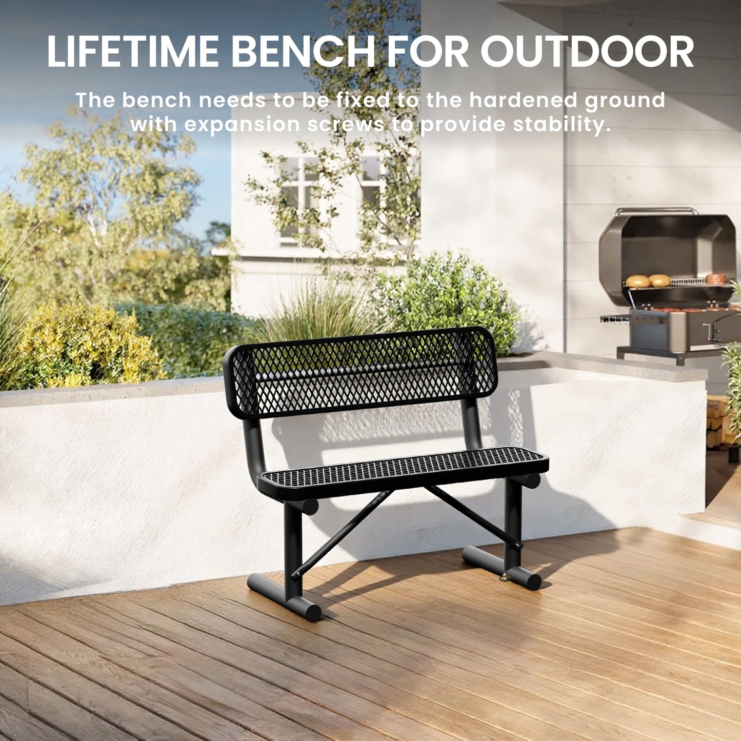 Sunnibety 4 Feet Heavy Duty Metal Park Bench for Outside, Outdoor Bench with Backrest & Portable Frame, Commercial Benches for Shopping Malls, Stores, Parks, Patios, Decks, Black