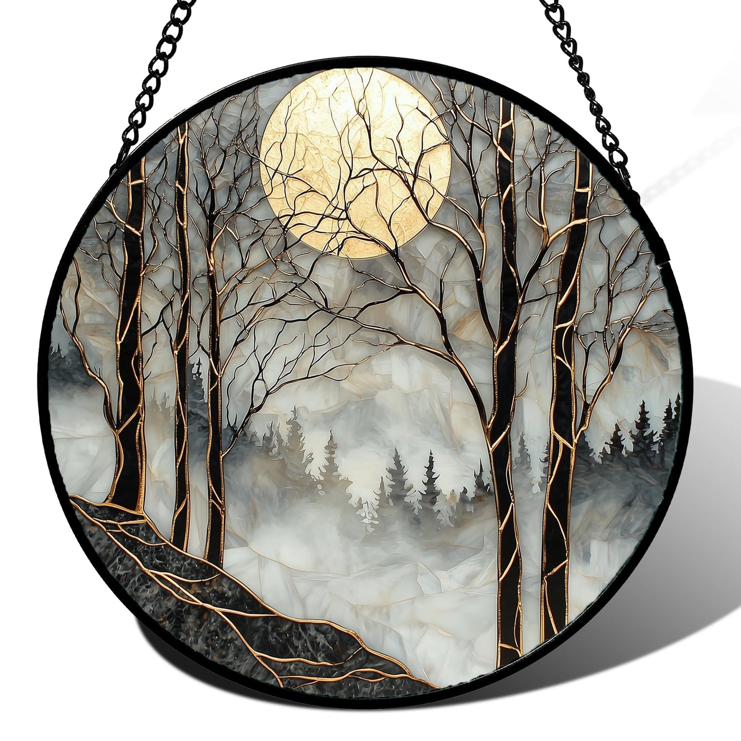 AMDERVEN Stained Glass Window Hanging - Black and White Gold Moon Forest Sun Catcher for Door Home Decor Suncatcher Christmas Mother's Day Birthday Gifts for Women Men Lovers Mom Nana 7.8 in