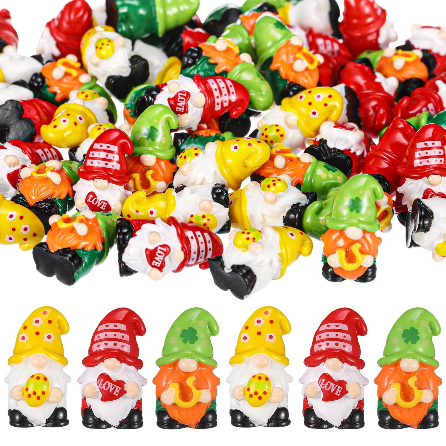 Qunclay 60 Pcs Mini Gnome Figurines, St. Patrick's Day and Easter Spring Decor, Shamrock Egg Heart Theme Resin Tabletop Ornaments for Tiered Tray, Home Table, Party Favors