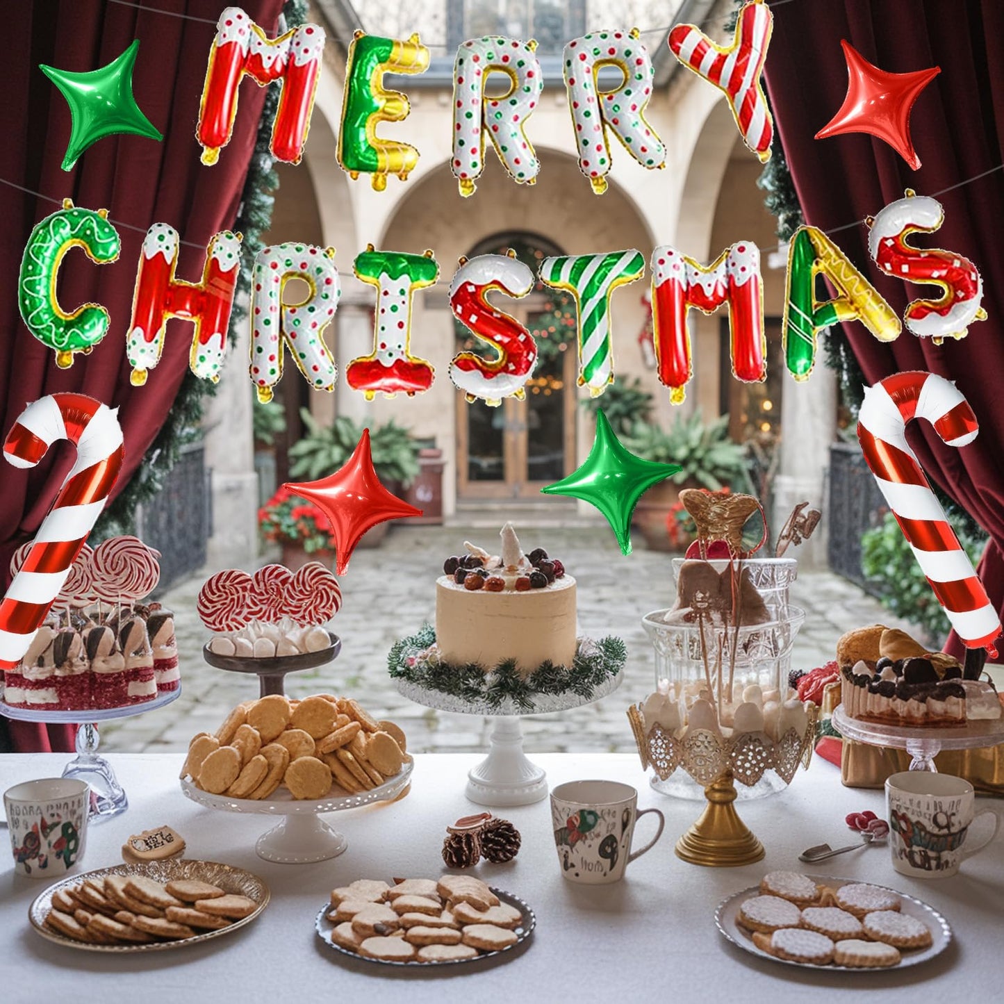 FunHot Merry Christmas Balloons Banner, Donut Merry Christmas Foil Balloons, 16 Inch Xmas Letter Balloon with Mini Candy Cane Green Red Star Balloon for Xmas Indoor Outdoor New Year Party Decor