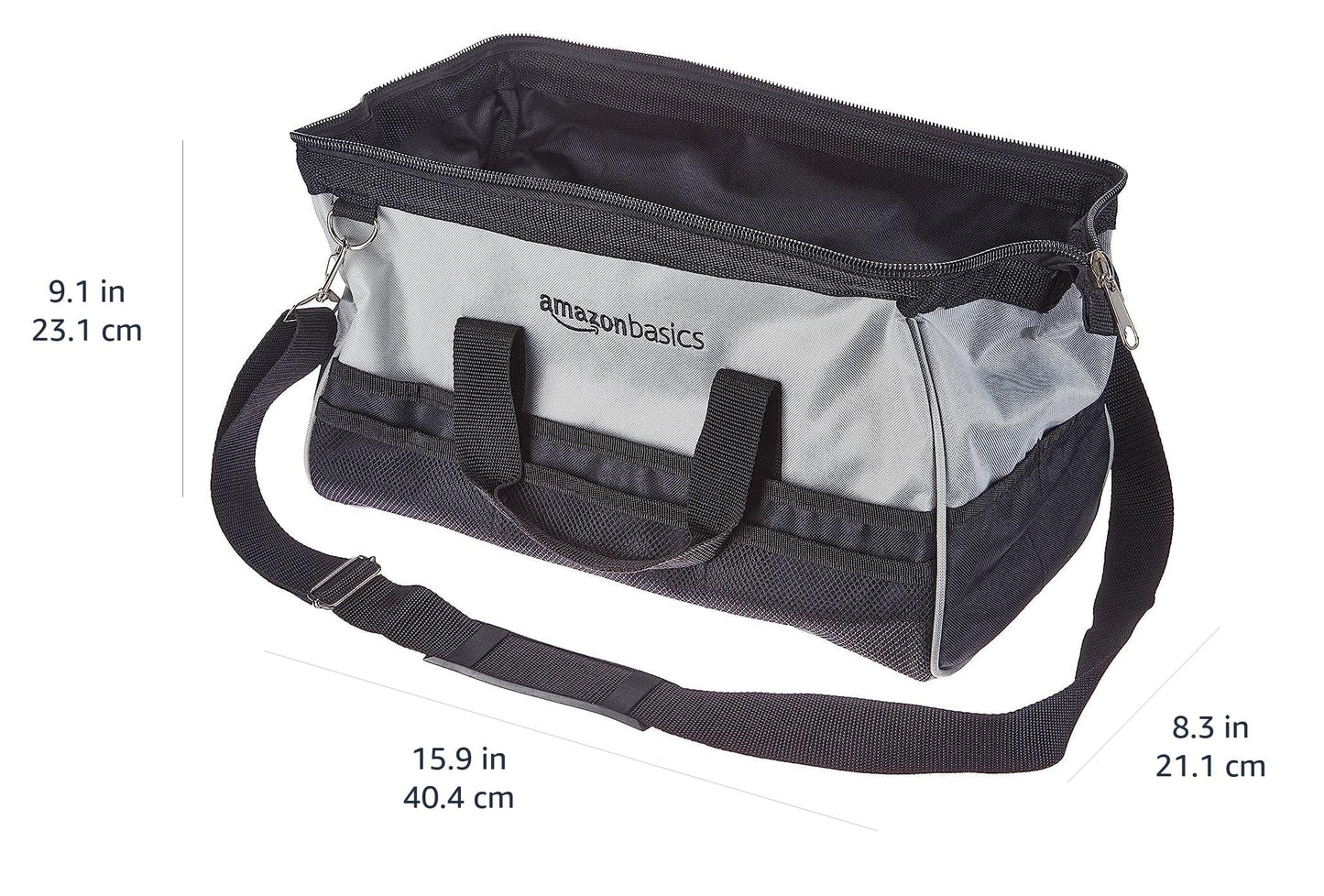 Amazon Basics Durable Wear-Resistant Tool Storage Bag with Adjustable Shoulder Strap, Portable Tool Organizer, 16 in, Black & Grey
