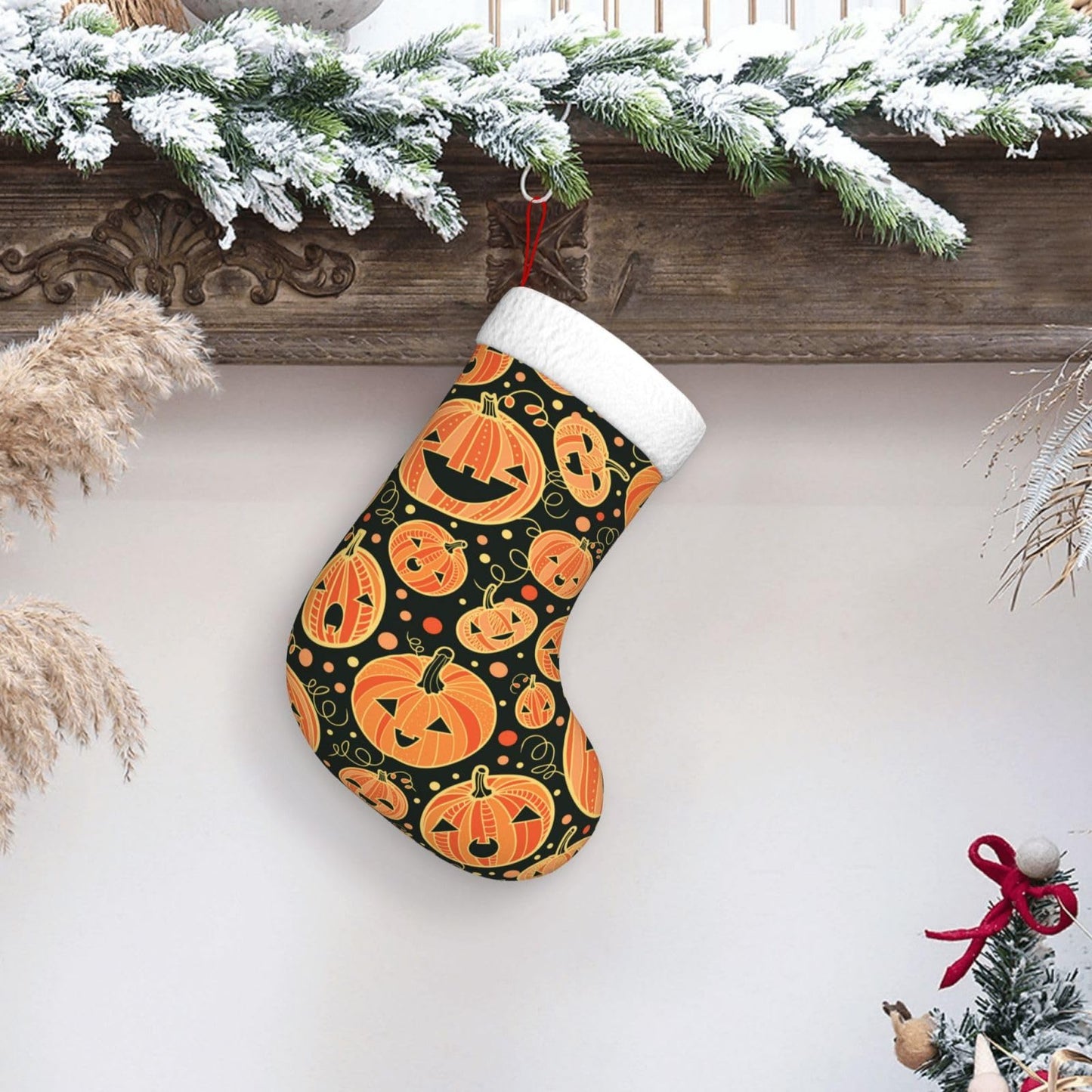 Halloween Pumpkin Christmas Stockings Hanging Decoration Stockings 17.7 Inch Xmas Stockings for Fireplace Family Party Holiday Decor 1PCS