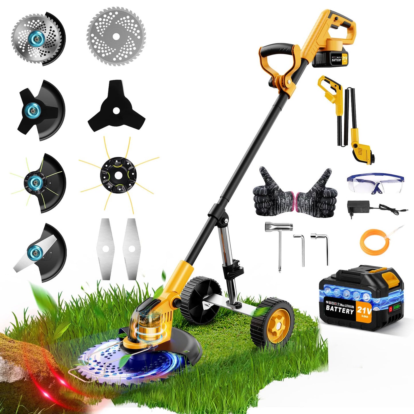 20000 RPM Brushless Battery Weed Wacker Cordless, 6000mAh Electric Weed Eater Battery Powered, Heavy Duty Brush Cutter Edger Lawn Tool/Weed Trimmer/Grass Trimmer W/Wheel Metal Blade, 2 Battery