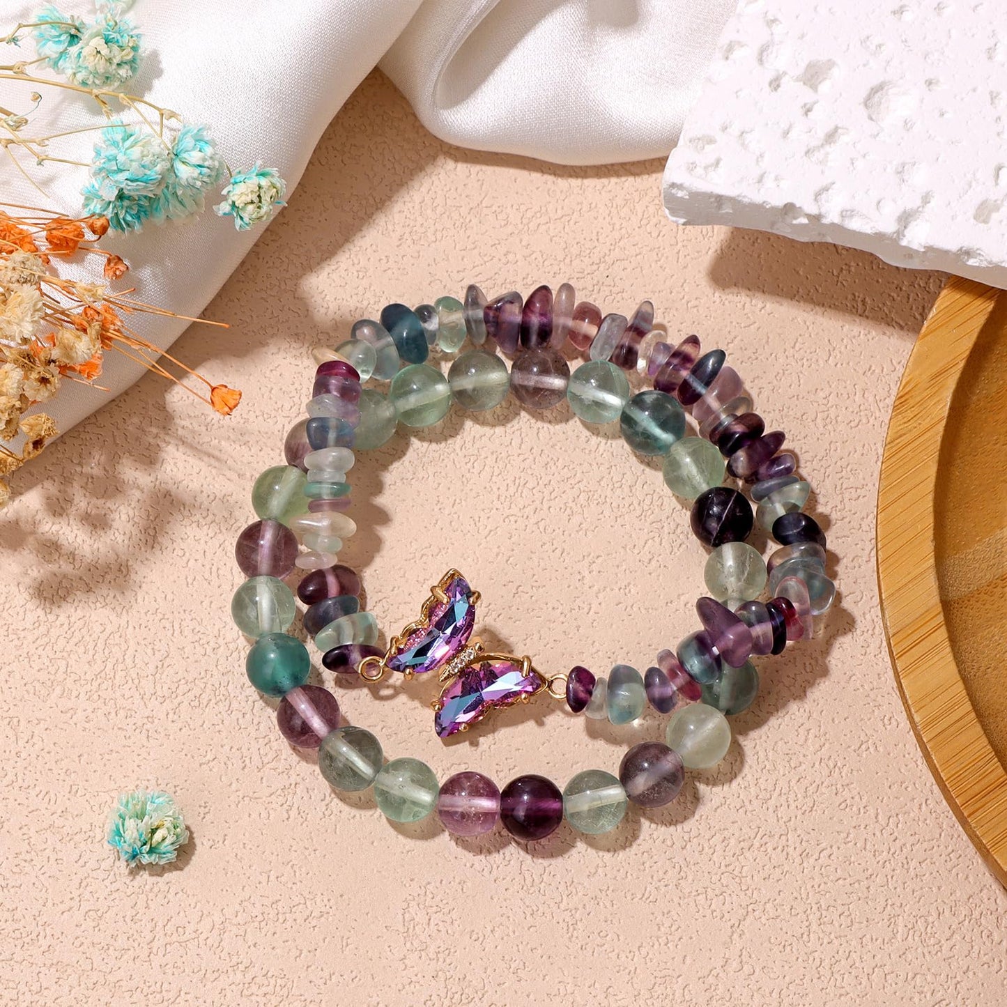 GolbalJew Fluorite Stone Bracelet for Women Healing Crystal Stone Bracelets Green Gemstone Beads Stretch Bracelet Butterfly Charms Jewelry Women Gift